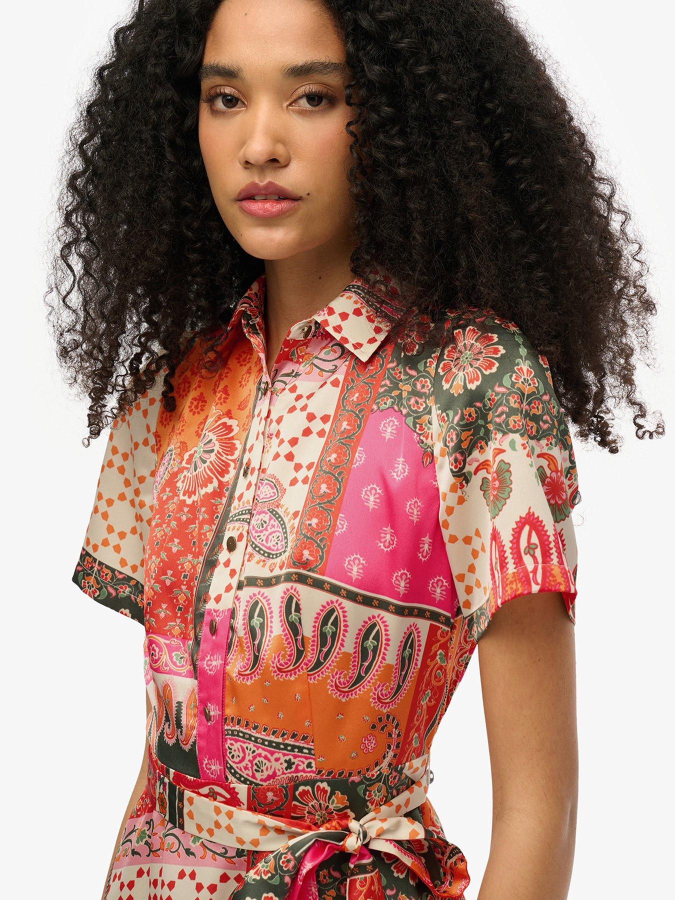  image of superdry-patchwork-mini-shirt-dress-pink