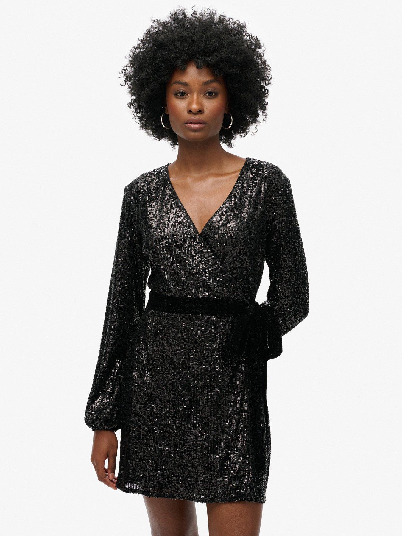undefined Sequin Velvet Wrap Mini Dress - Black