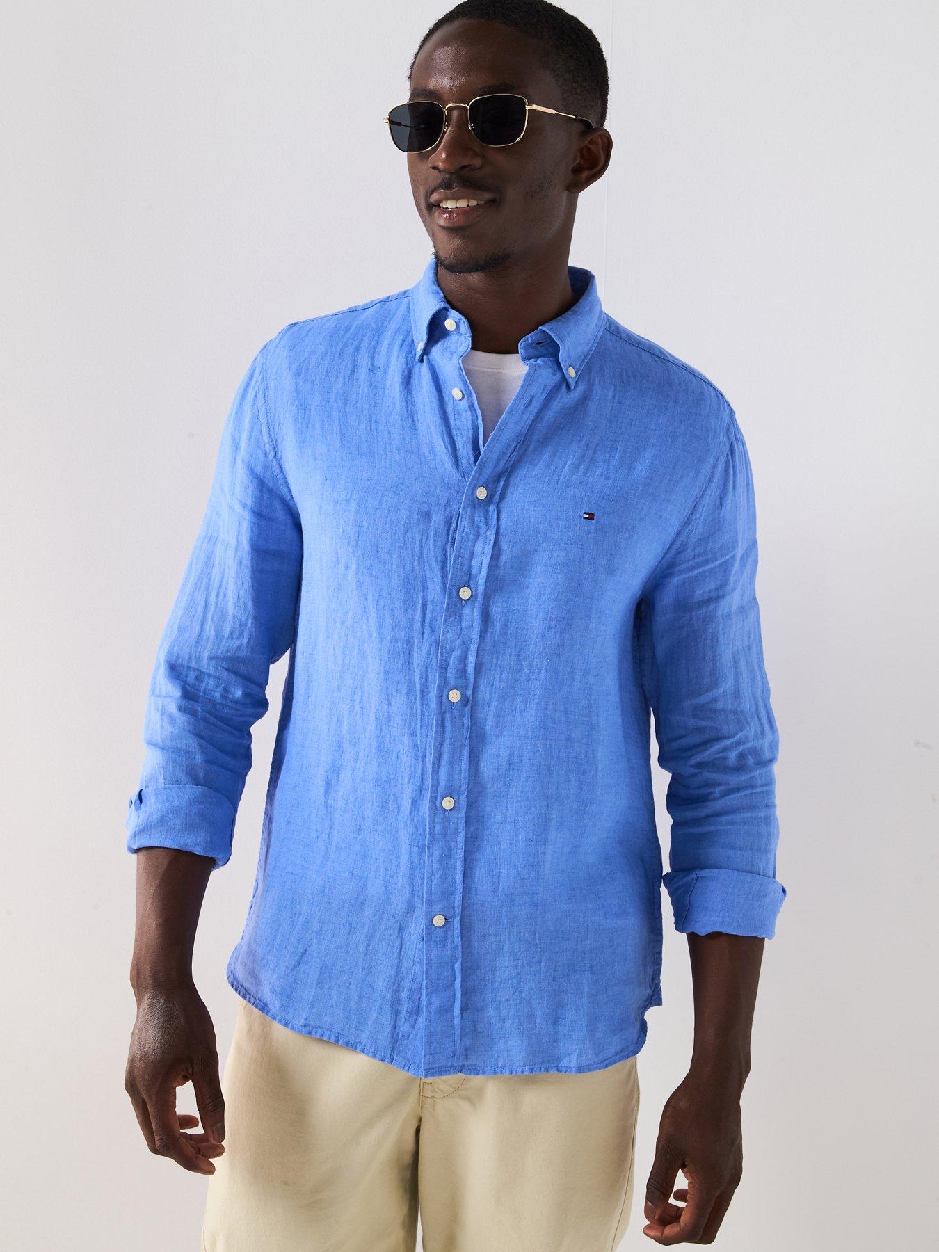 undefined Regular Fit Pigment Dyed Linen Shirt - Blue