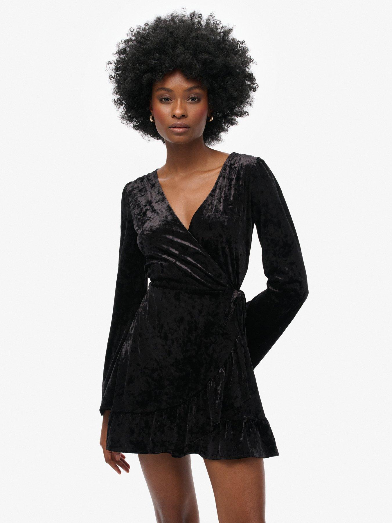 undefined Long Sleeve Velvet Wrap Mini Dress - Black
