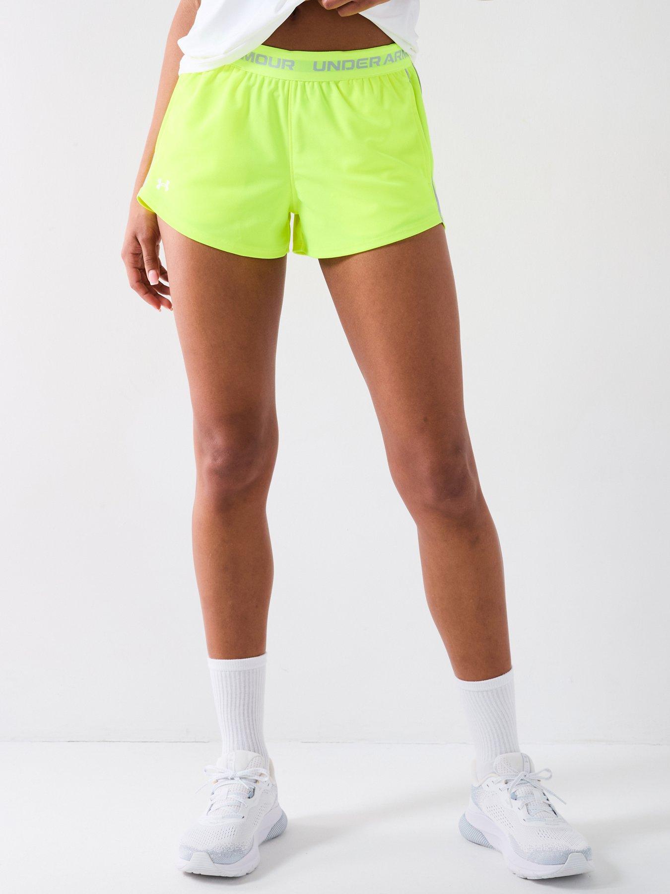 front image of under-armour-womens-training-tech-play-up-shorts-yellow