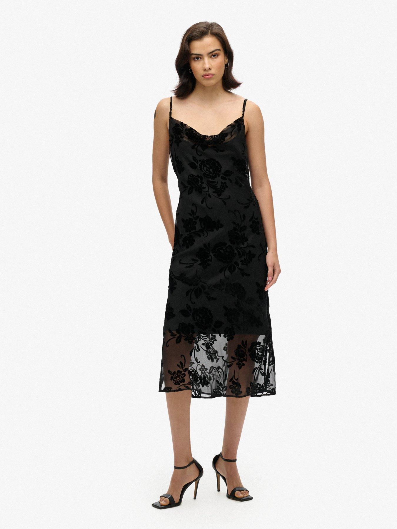 undefined Lace Cowl Midi Slip Dress - Black