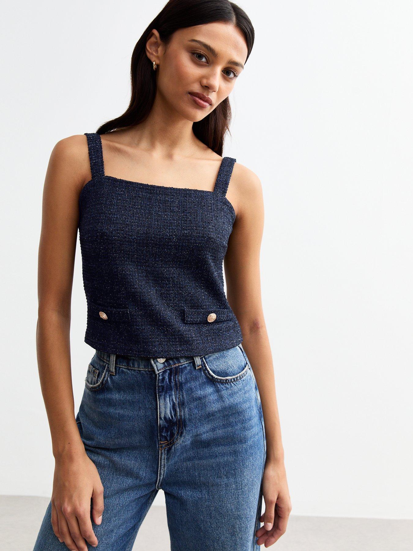 undefined Navy Sparkle Textured Wide Strap Top