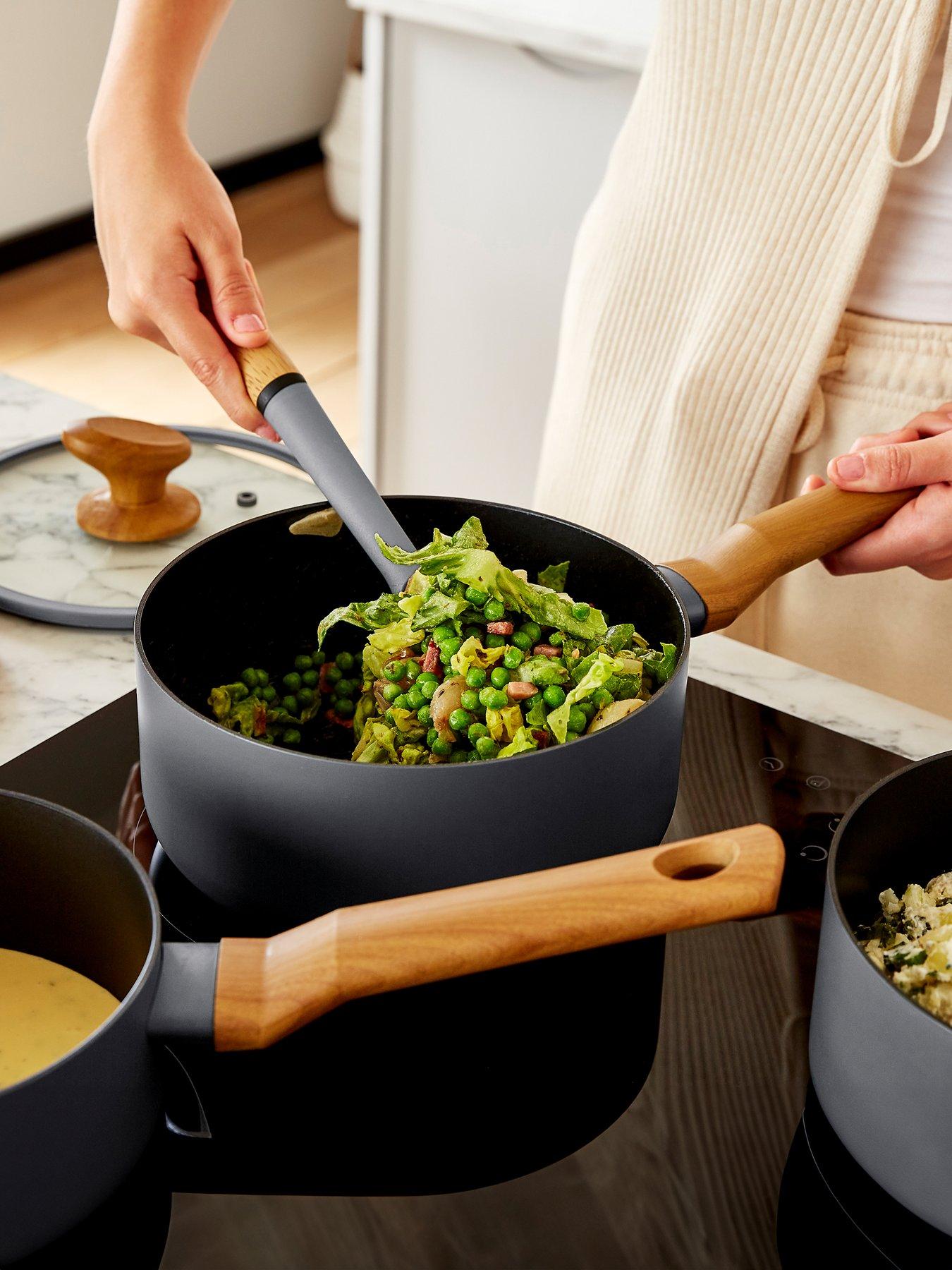 undefined Nordic 4-Piece Pan Set, Grey with Wooden Accents