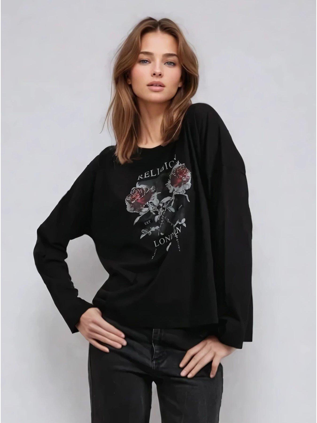  image of religion-long-sleeve-flush-t-shirt-with-floret-roses-black
