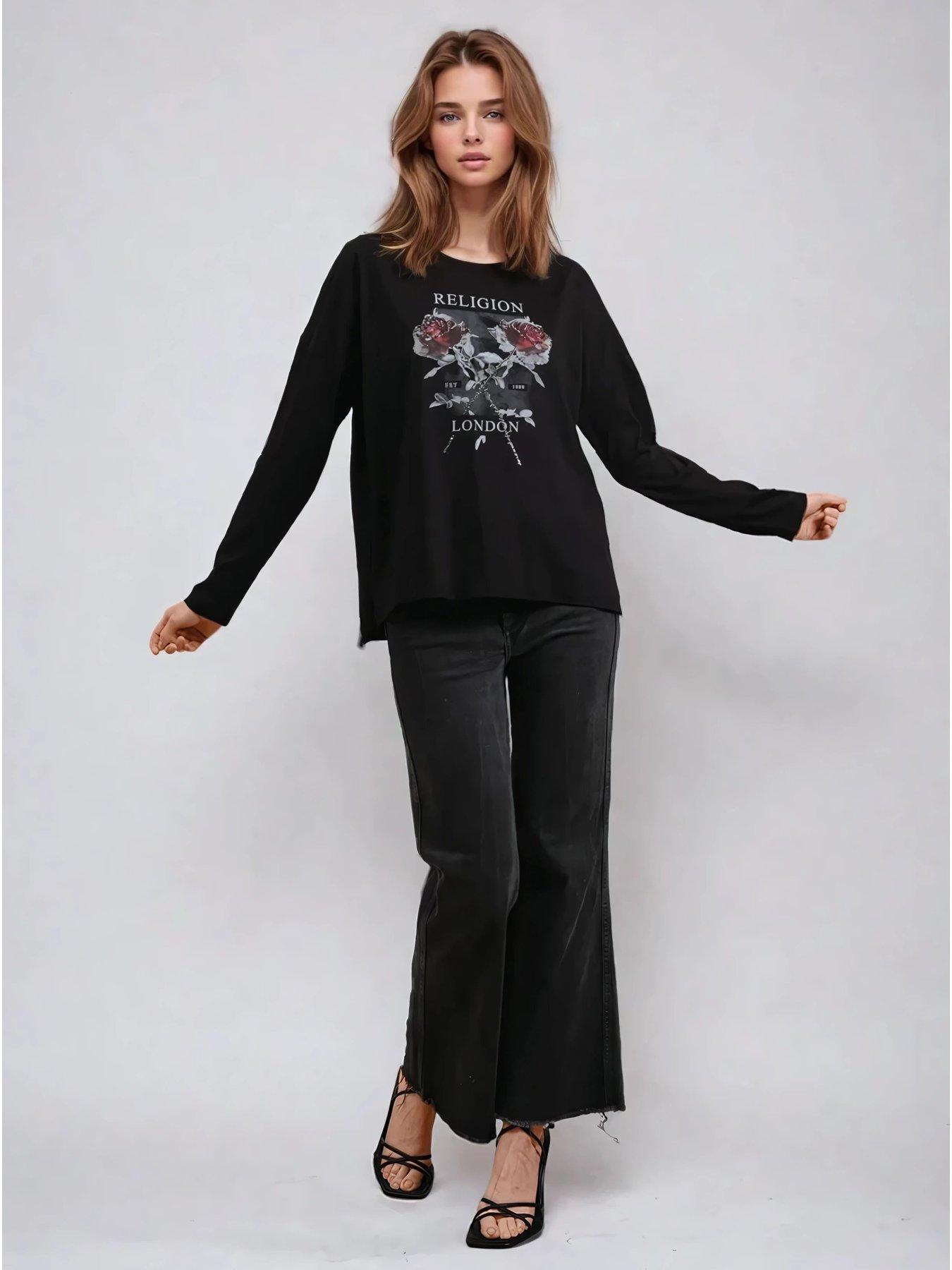  image of religion-long-sleeve-flush-t-shirt-with-floret-roses-black