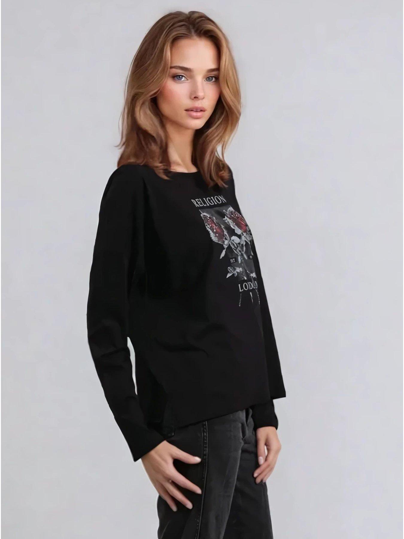  image of religion-long-sleeve-flush-t-shirt-with-floret-roses-black