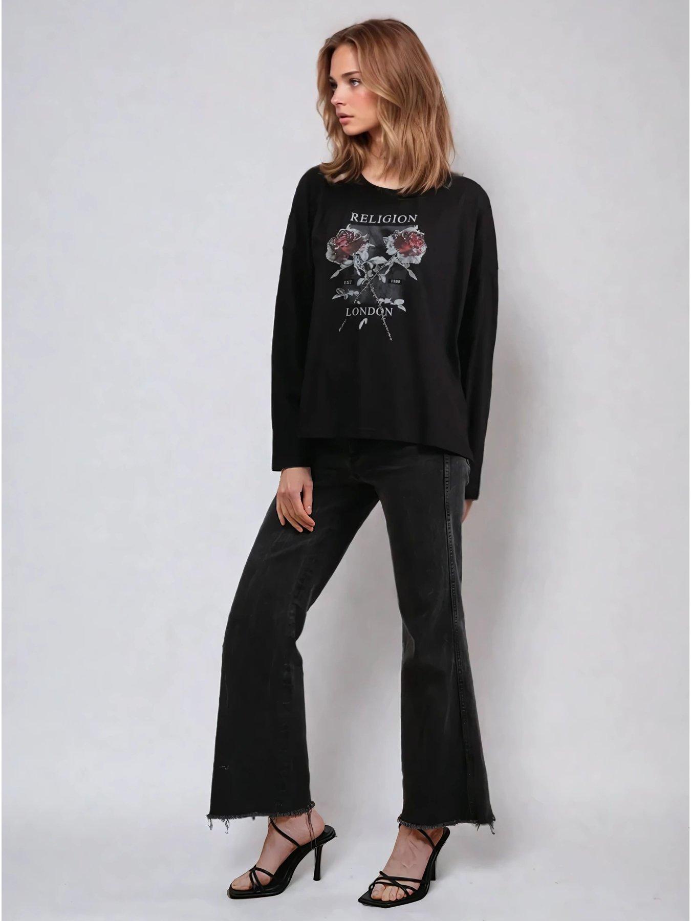  image of religion-long-sleeve-flush-t-shirt-with-floret-roses-black
