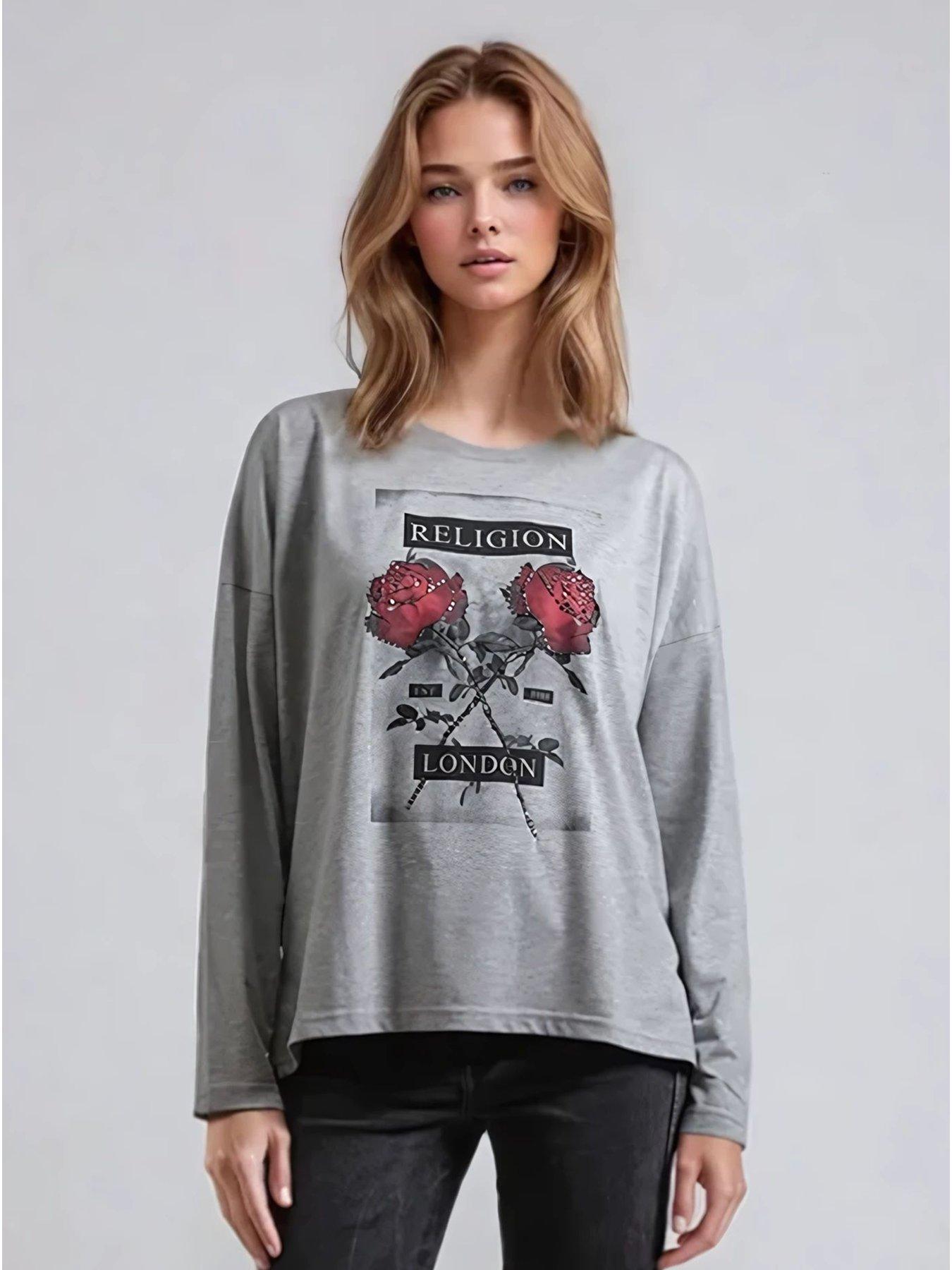 undefined Long Sleeve Flush T-Shirt With Floret Roses - Grey