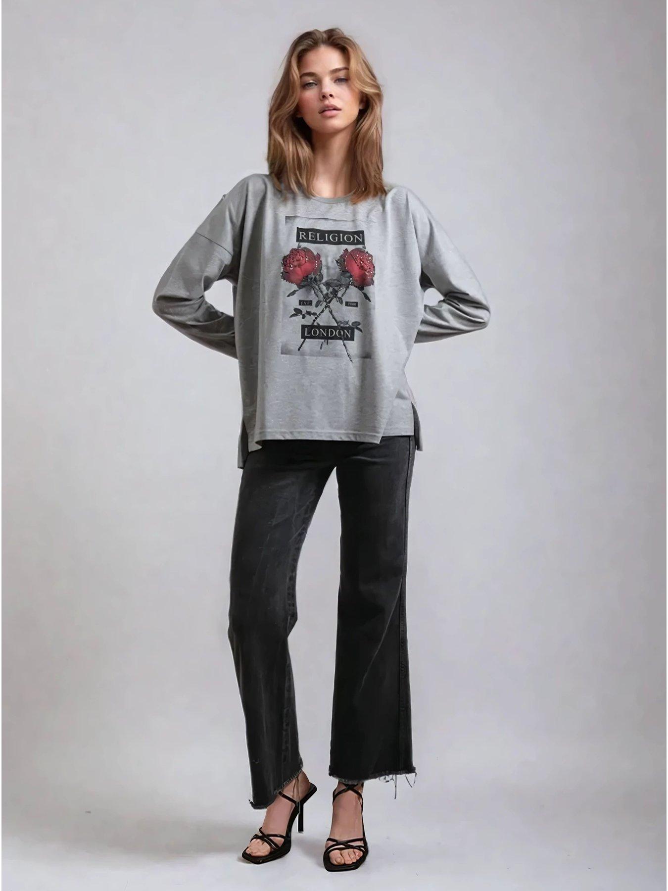  image of religion-long-sleeve-flush-t-shirt-with-floret-roses-grey