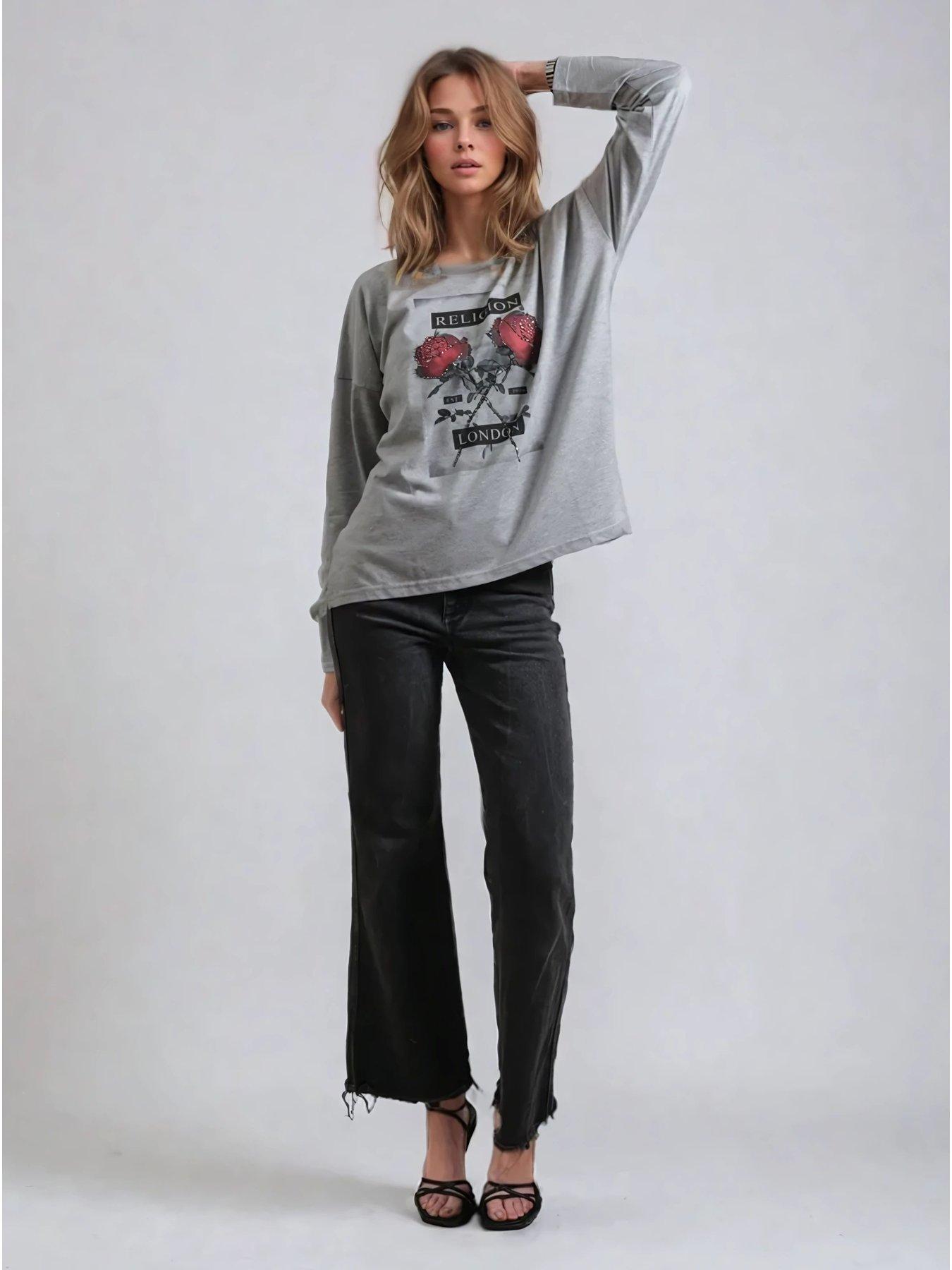  image of religion-long-sleeve-flush-t-shirt-with-floret-roses-grey