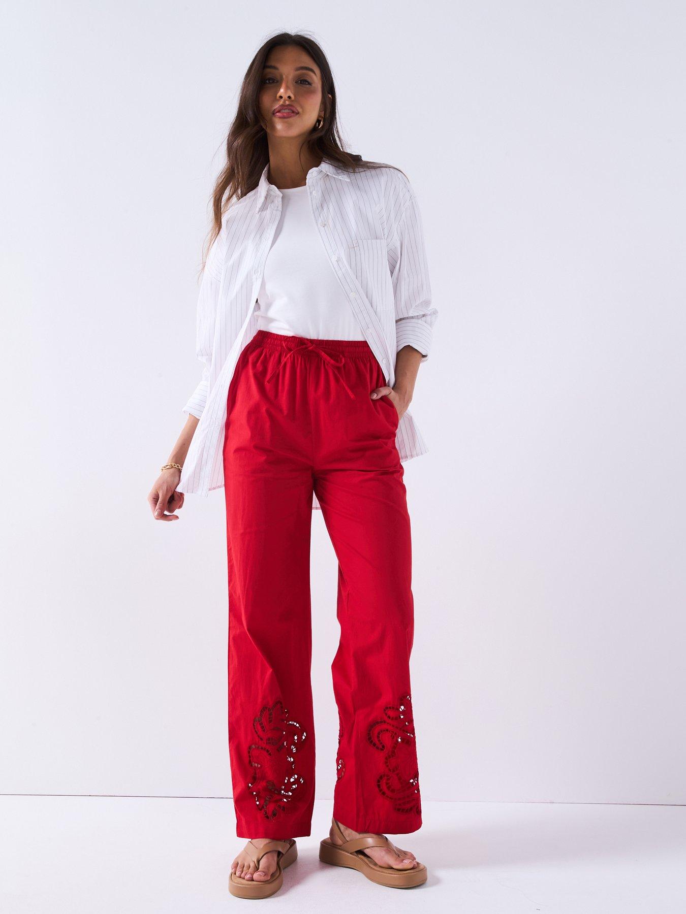 V by Very Poplin Lace Cutwork Trousers - Red