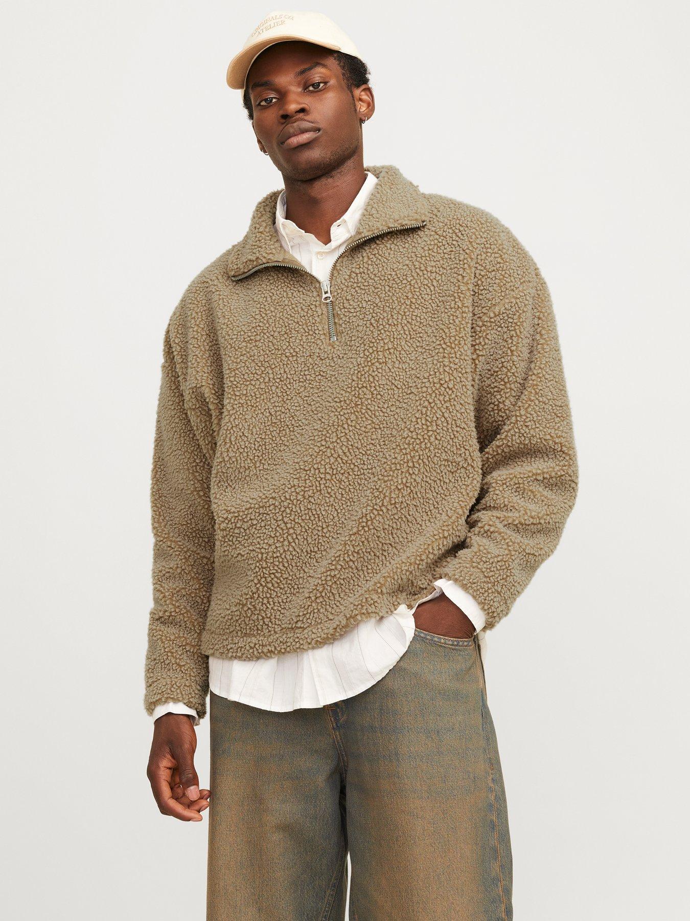  image of jack-jones-oxbury-teddy-high-neck-half-zip-sweatshirt-light-brown