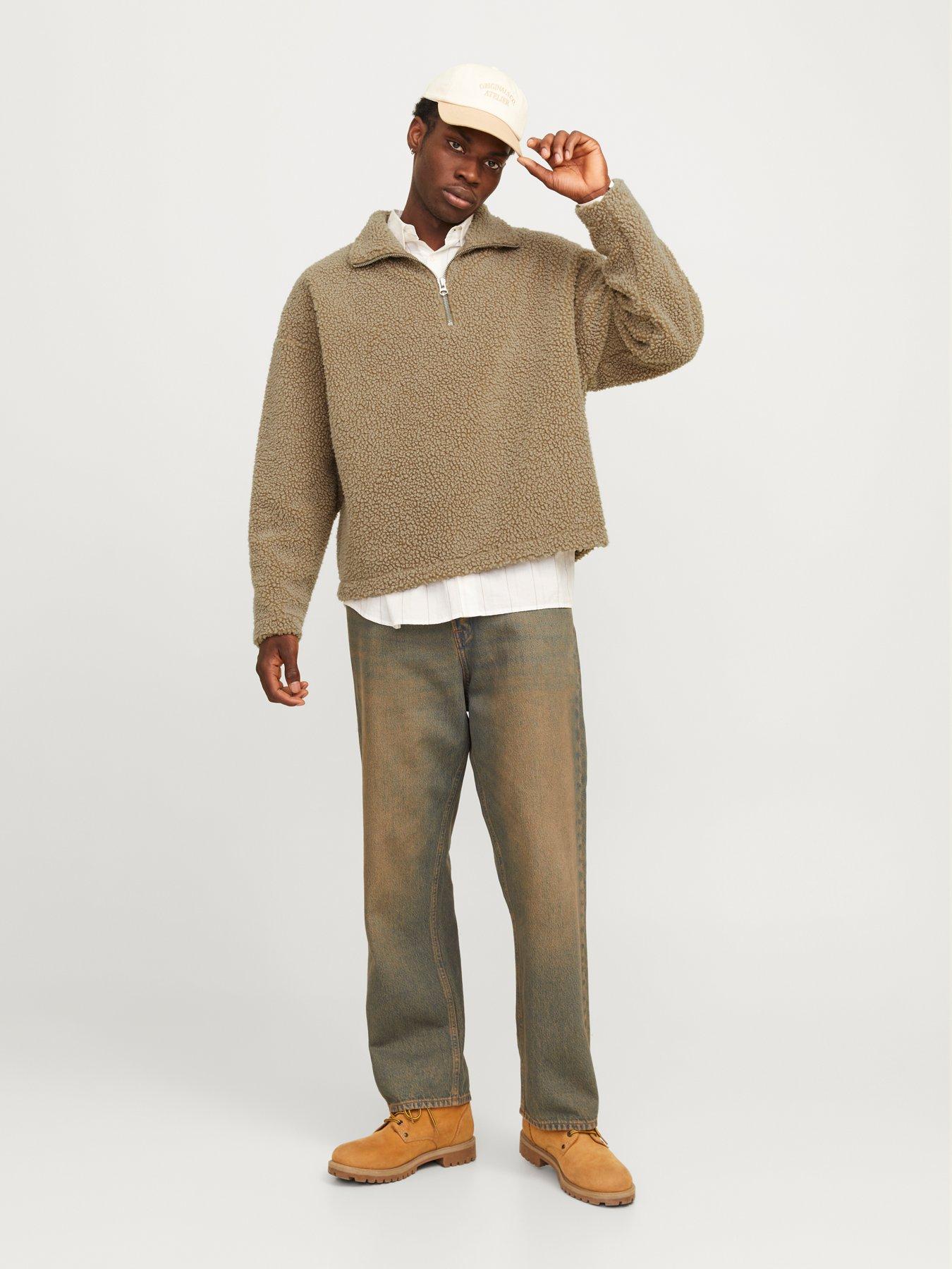  image of jack-jones-oxbury-teddy-high-neck-half-zip-sweatshirt-light-brown