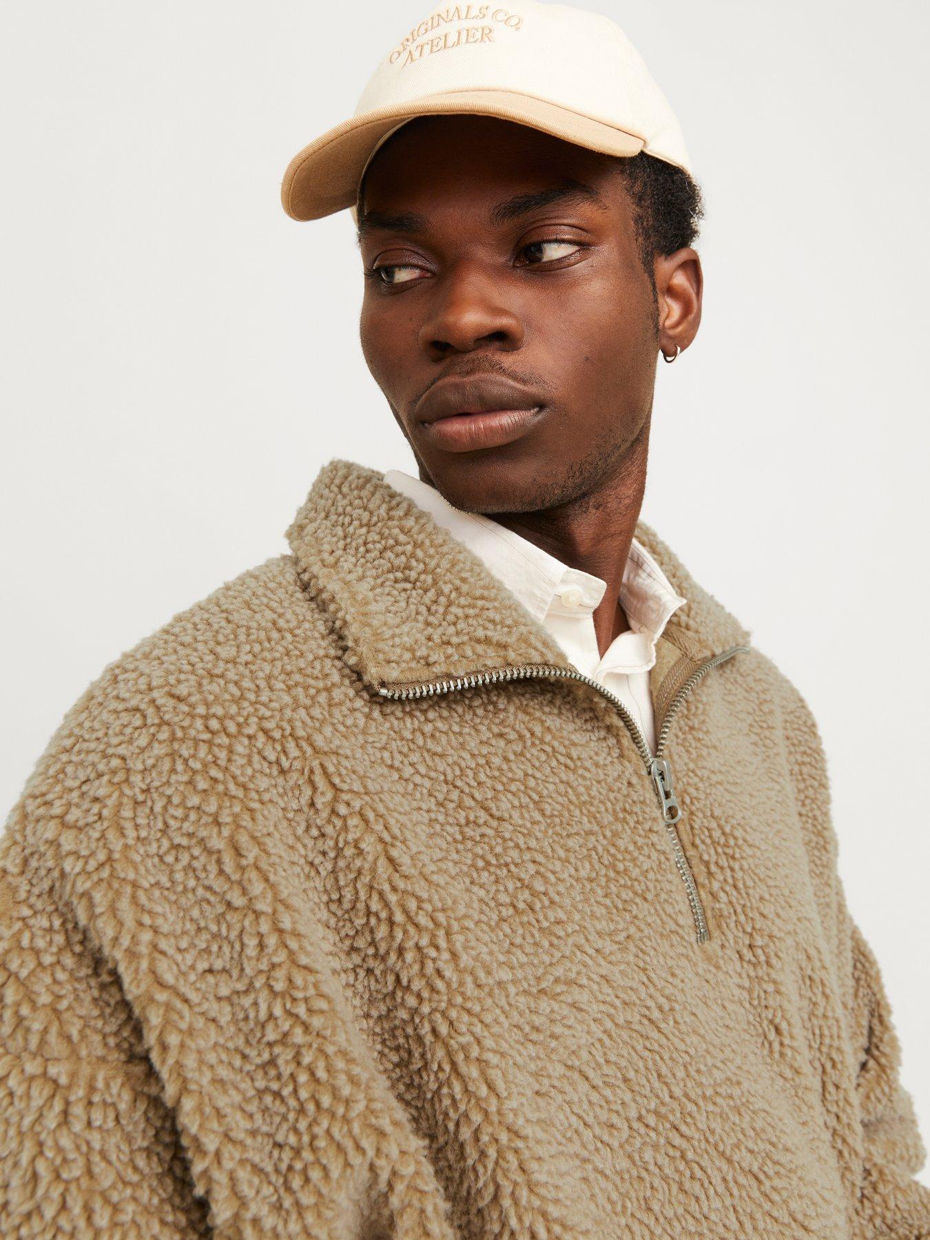 image of jack-jones-oxbury-teddy-high-neck-half-zip-sweatshirt-light-brown
