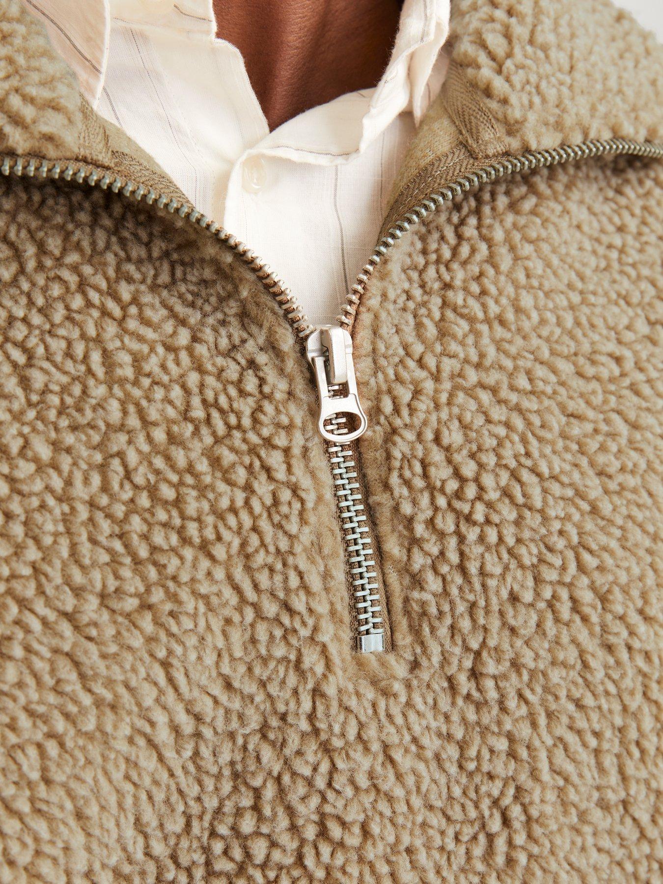  image of jack-jones-oxbury-teddy-high-neck-half-zip-sweatshirt-light-brown