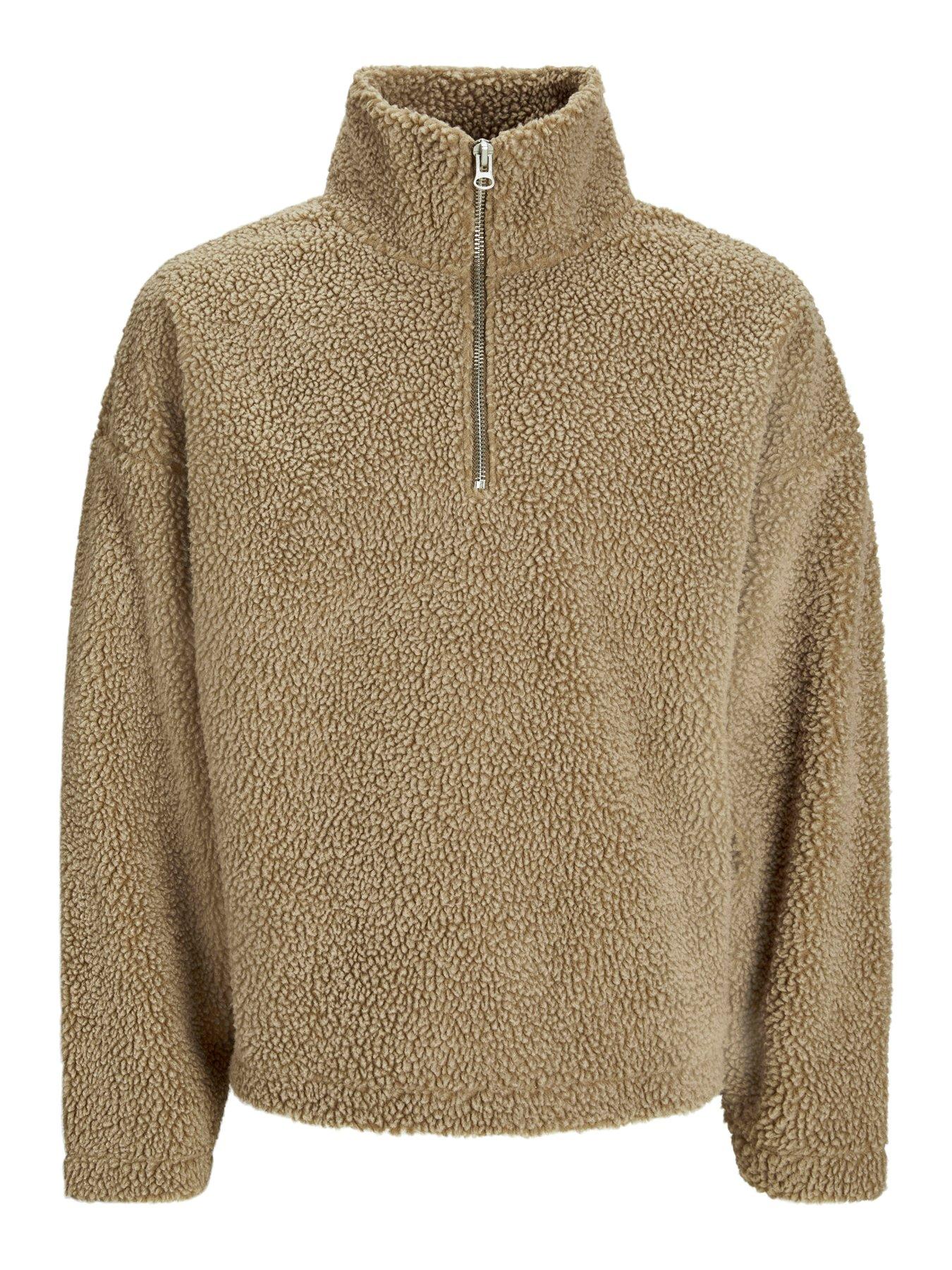  image of jack-jones-oxbury-teddy-high-neck-half-zip-sweatshirt-light-brown