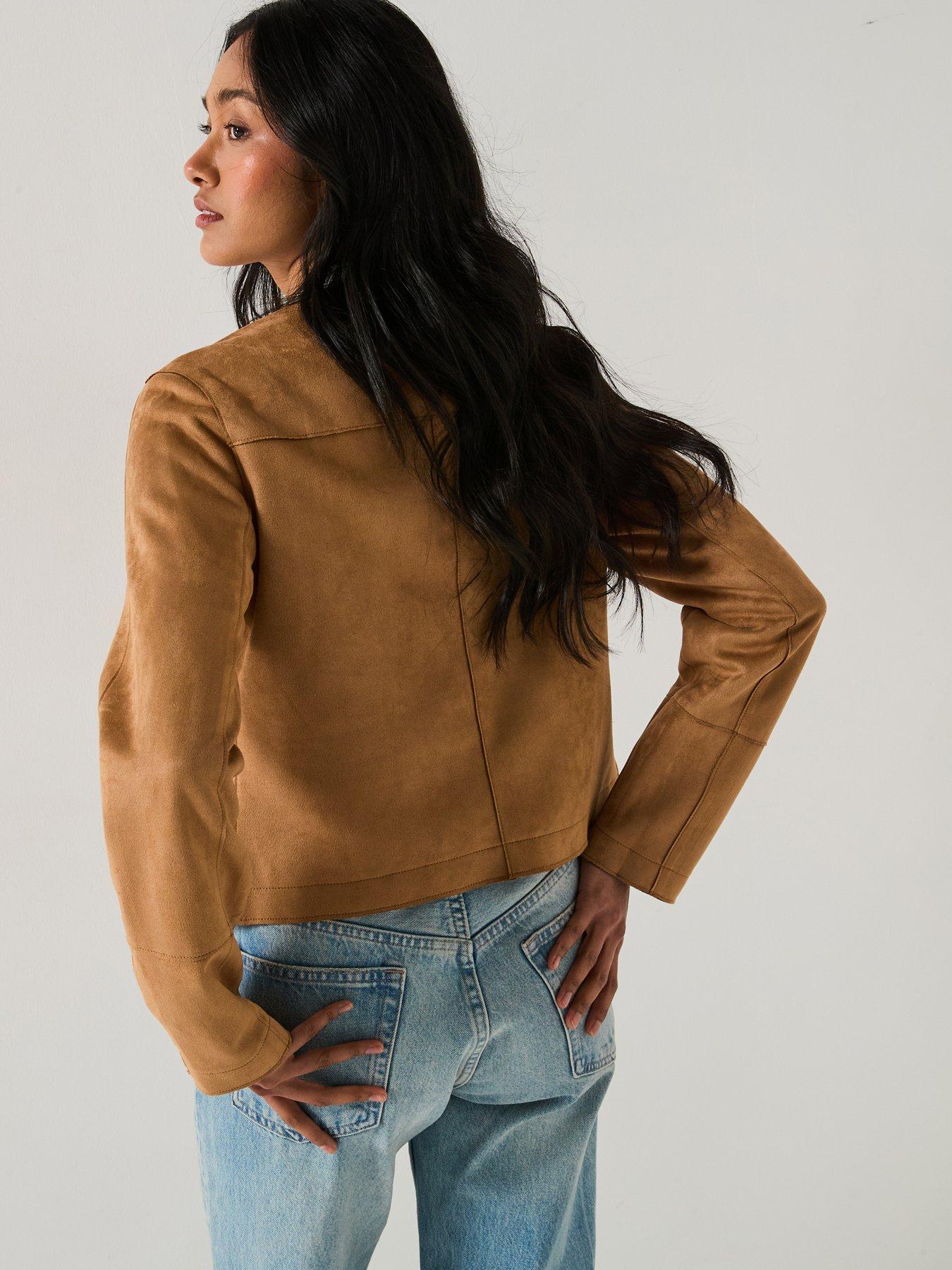  image of v-by-very-collarless-faux-suede-jacket-brown