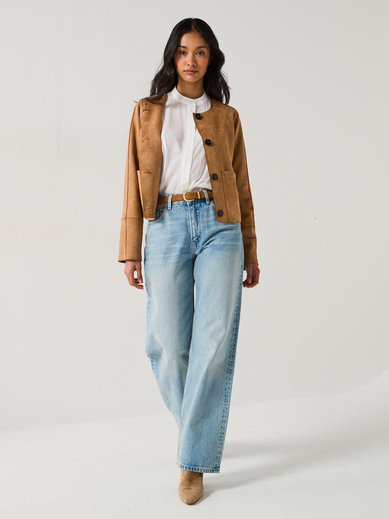  image of v-by-very-collarless-faux-suede-jacket-brown