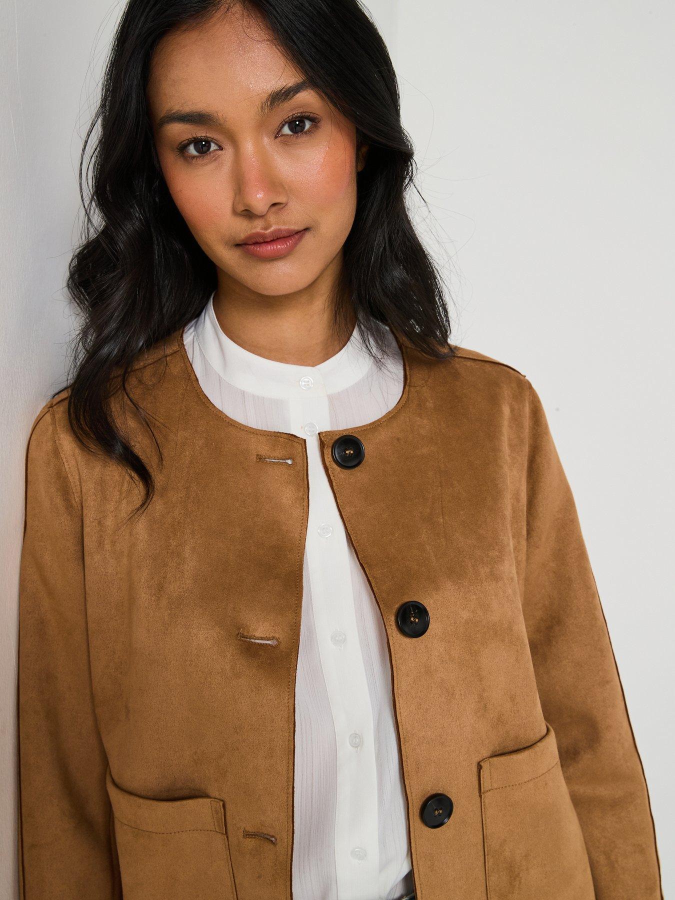  image of v-by-very-collarless-faux-suede-jacket-brown