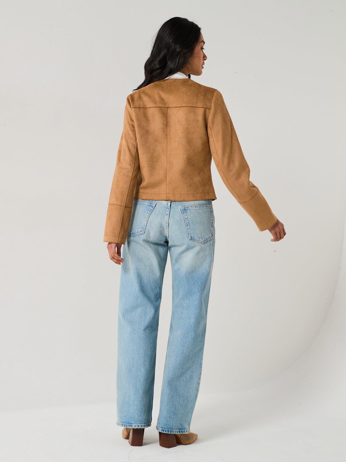  image of v-by-very-collarless-faux-suede-jacket-brown