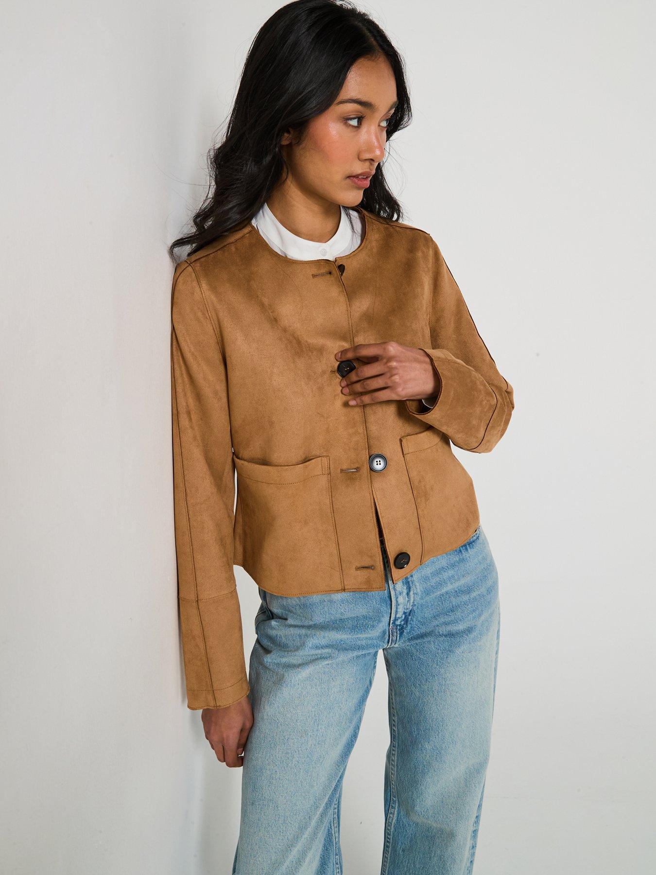  image of v-by-very-collarless-faux-suede-jacket-brown
