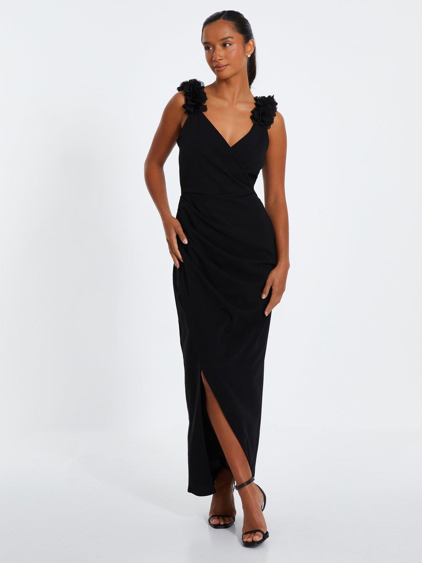 Quiz Petite Black Ruffle Wrap Maxi Dress | Littlewoods