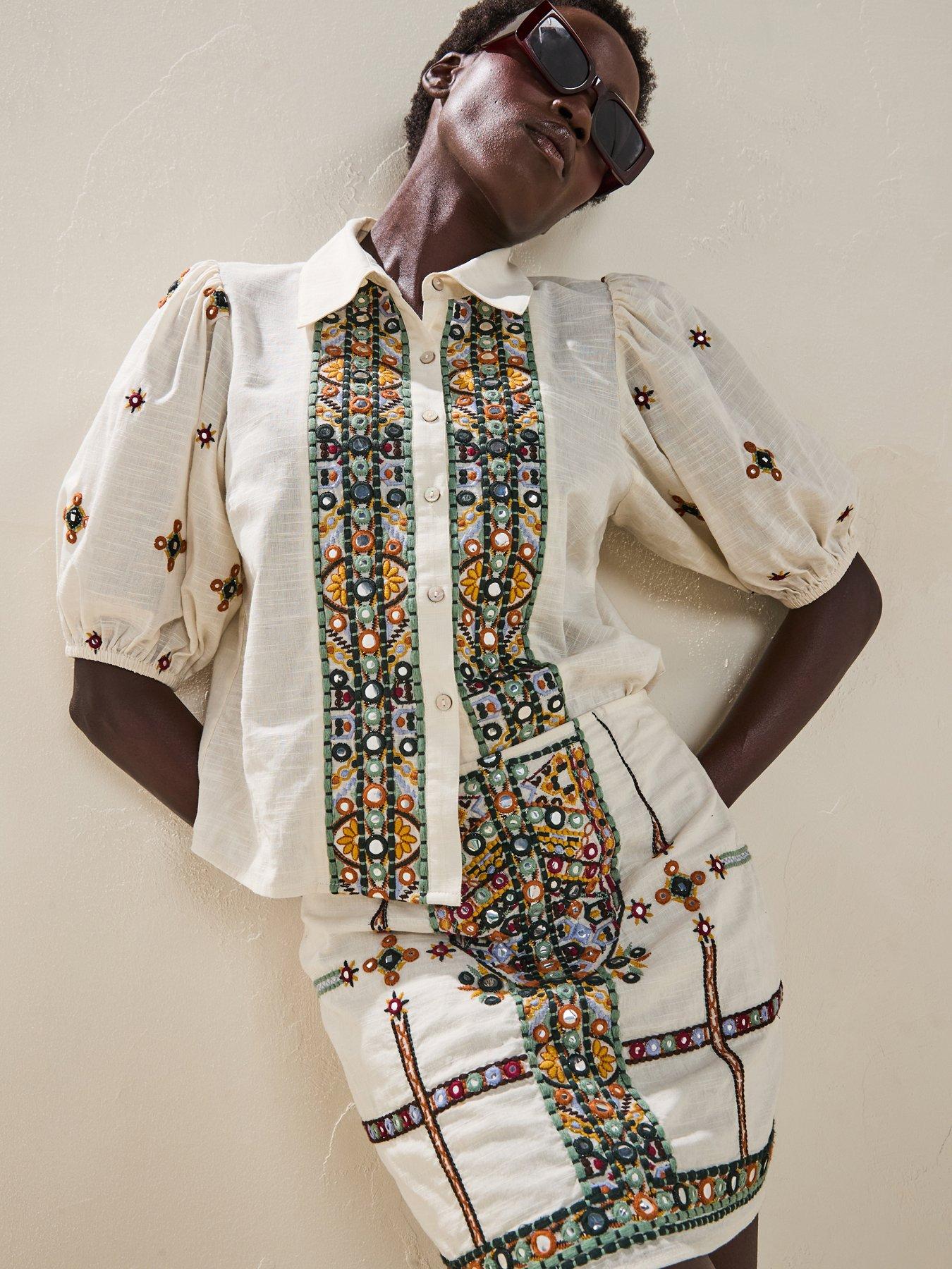 V by Very Embellished Panel Short Sleeve Blouse Co-Ord - Cream