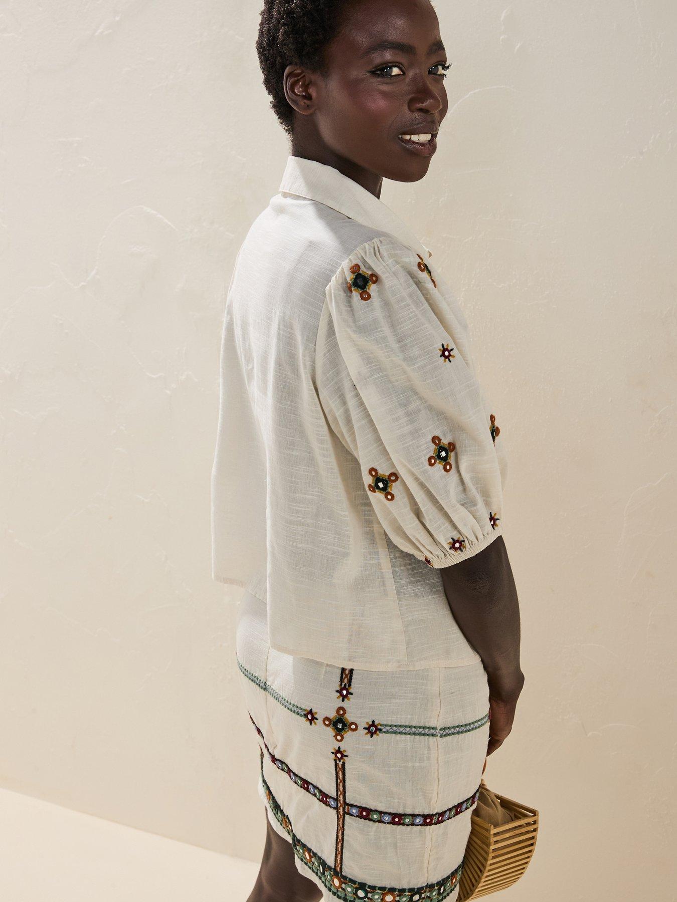 Image 2 of 6 of V by Very Embellished Panel Short Sleeve Blouse Co-Ord - Cream