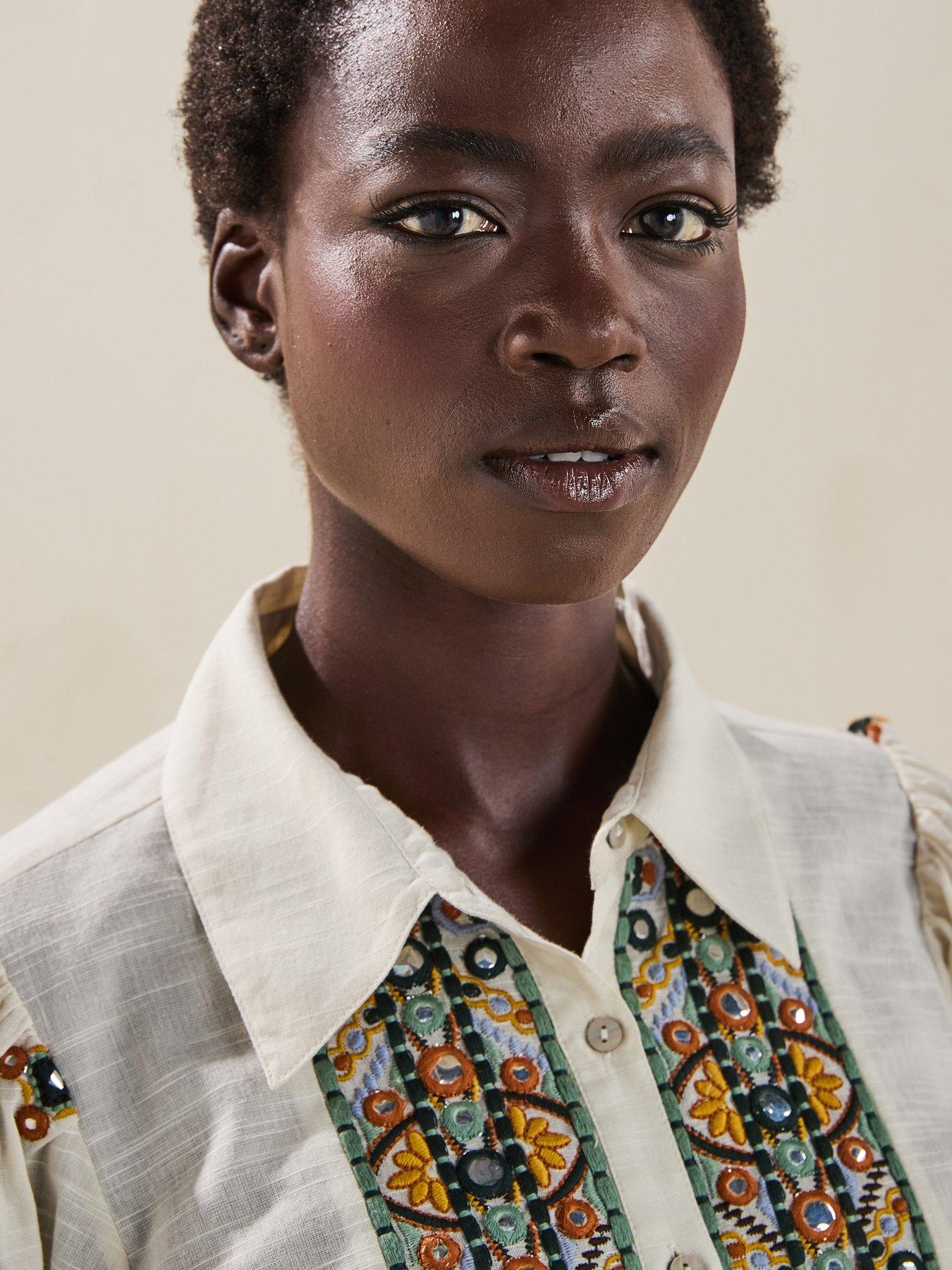 Image 5 of 6 of V by Very Embellished Panel Short Sleeve Blouse Co-Ord - Cream