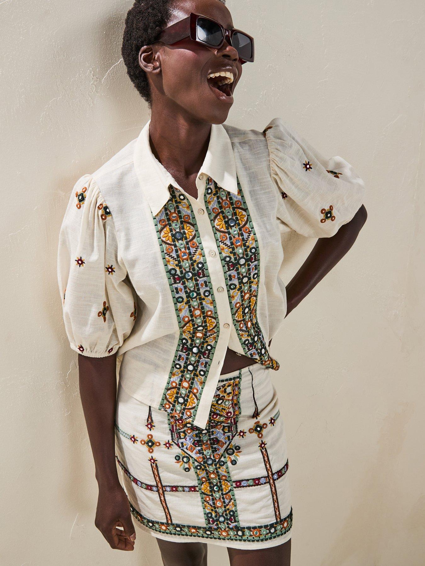 Image 6 of 6 of V by Very Embellished Panel Short Sleeve Blouse Co-Ord - Cream