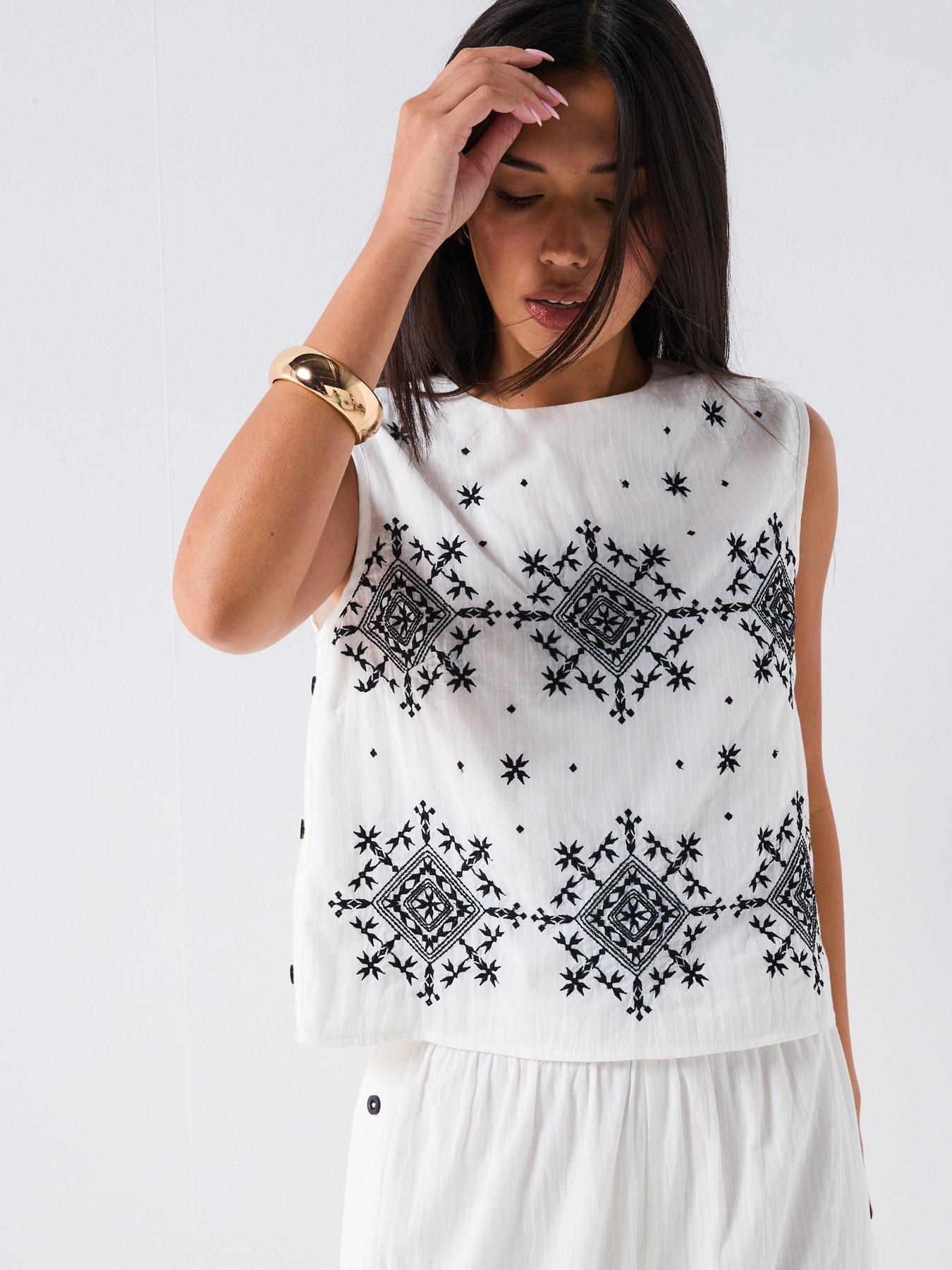 V by Very Sleeveless Embroidered Blouse Co-Ord - White