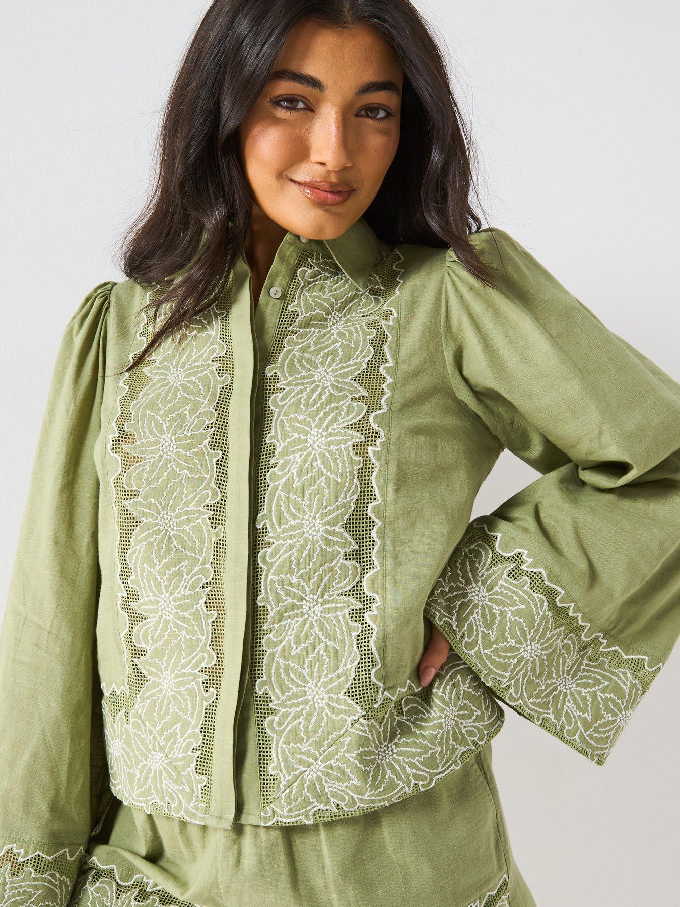 front image of v-by-very-embroidered-panel-shirt-green