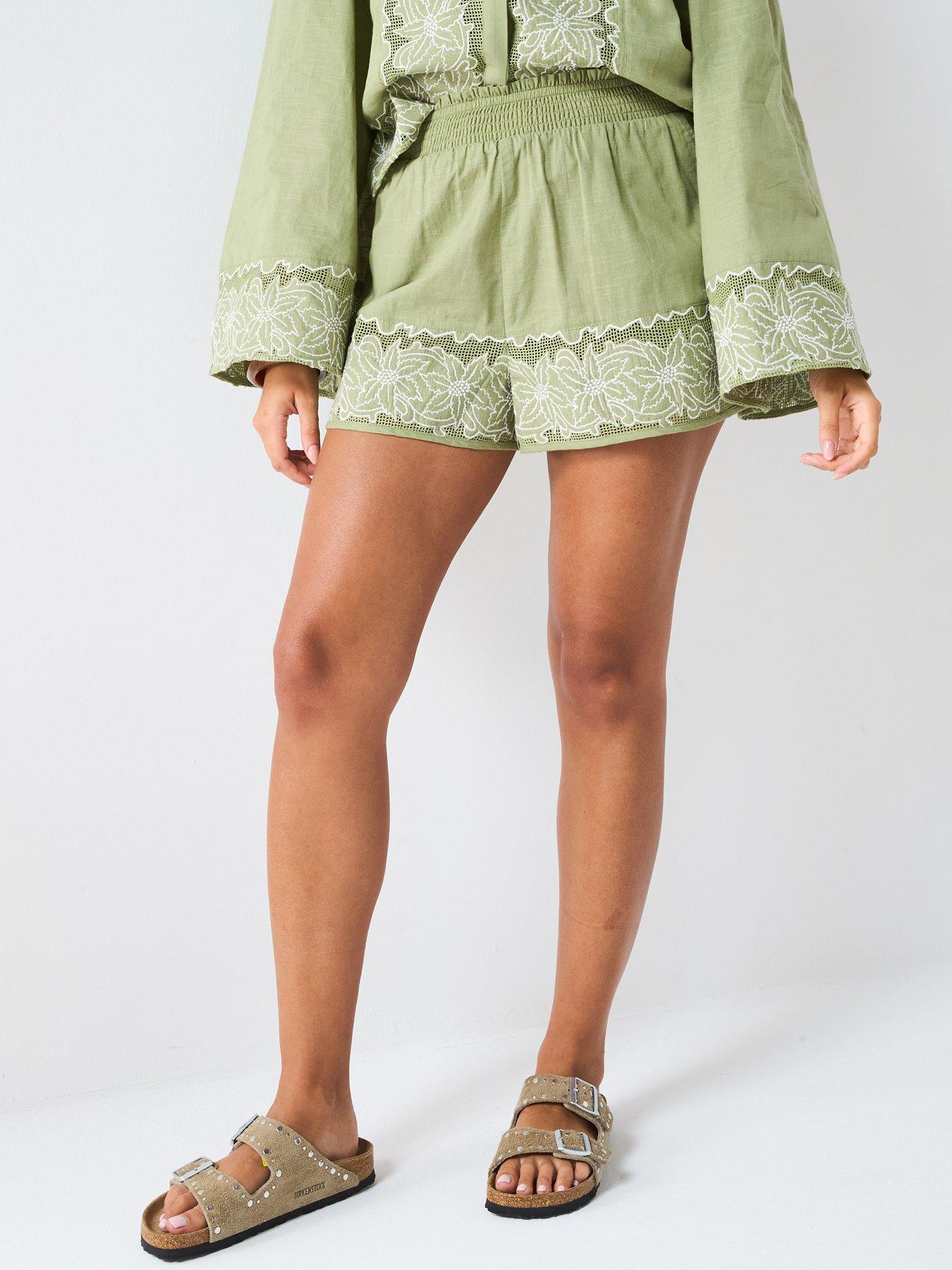 front image of v-by-very-embroidered-panel-shorts-green