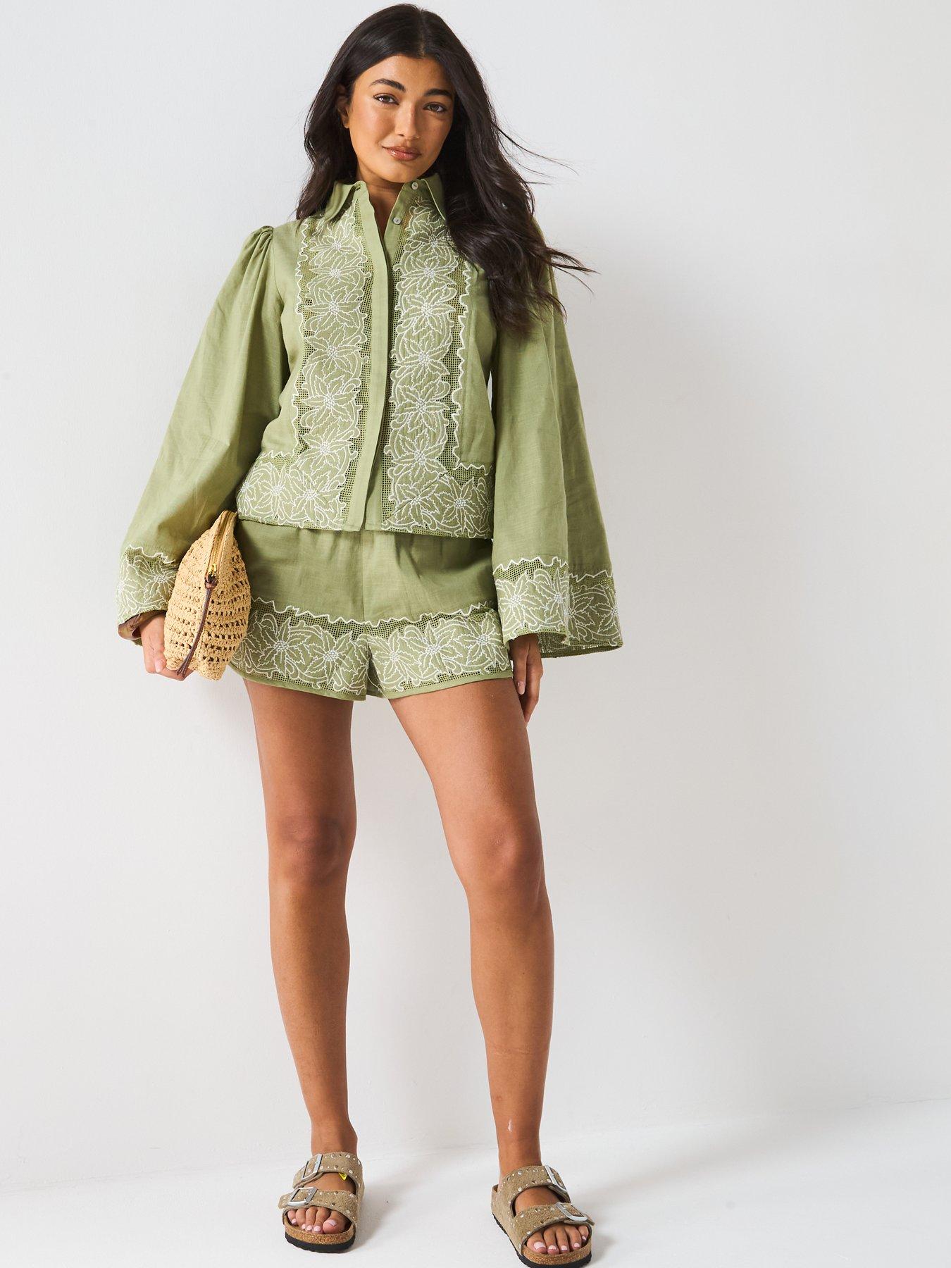  image of v-by-very-embroidered-panel-shorts-green
