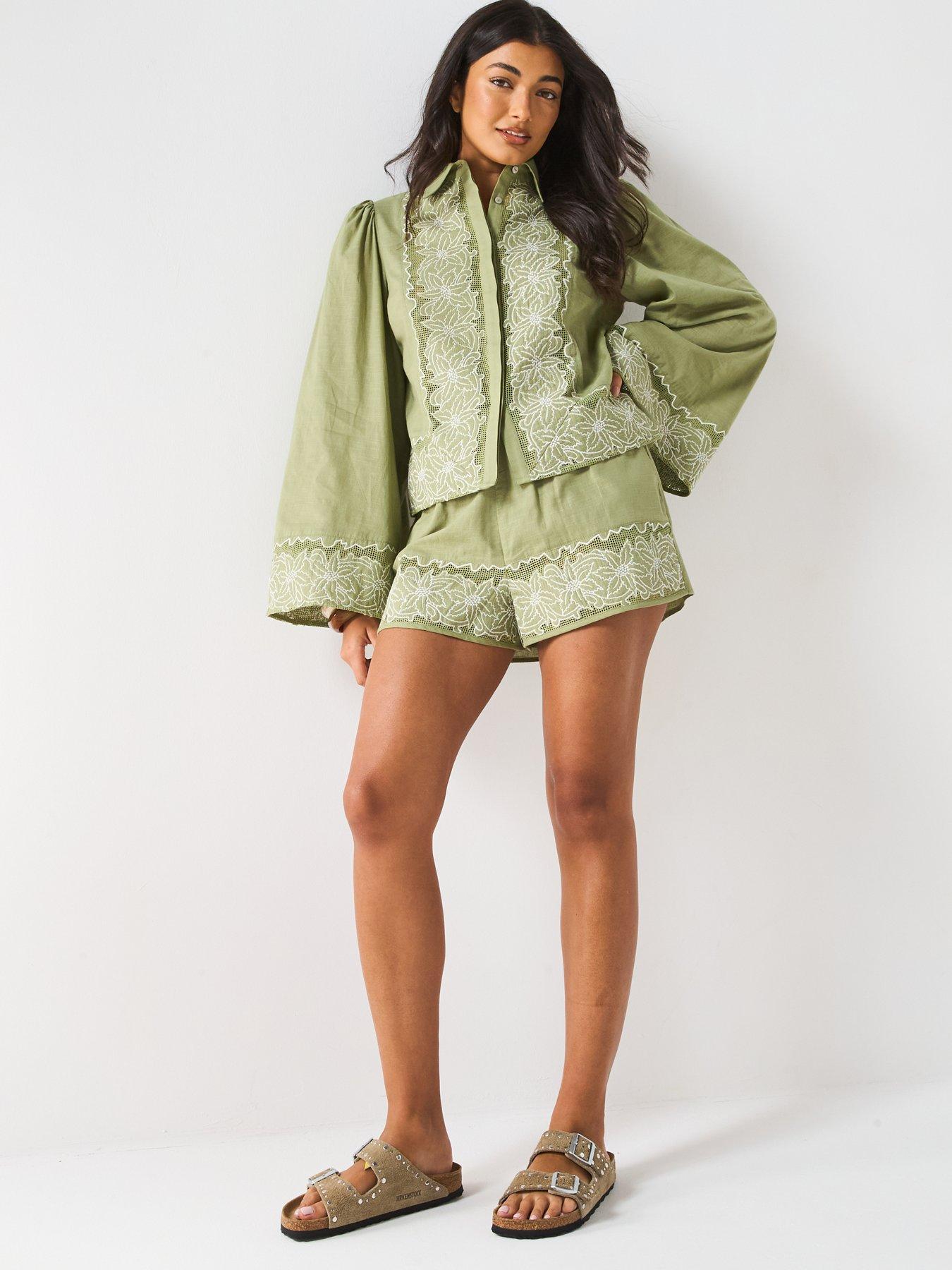  image of v-by-very-embroidered-panel-shorts-green