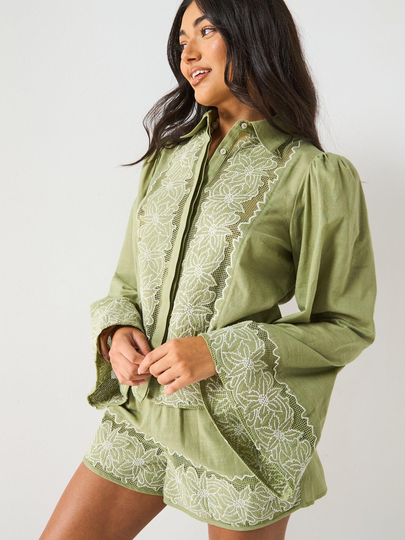  image of v-by-very-embroidered-panel-shorts-green