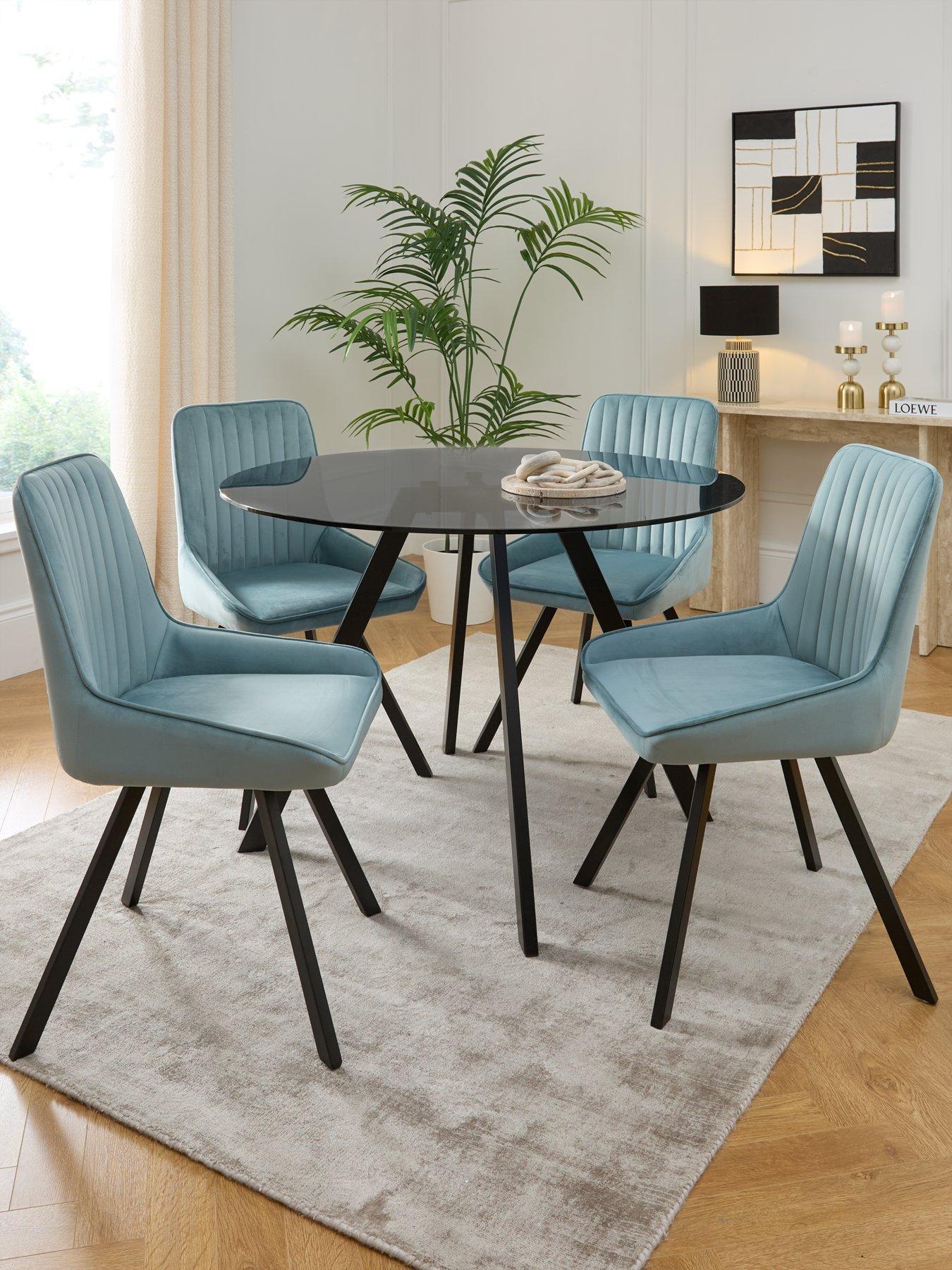 The Very Collection Marlow 110 cm Black Round Dining Table + 4 Marlow Dusty Blue Chairs