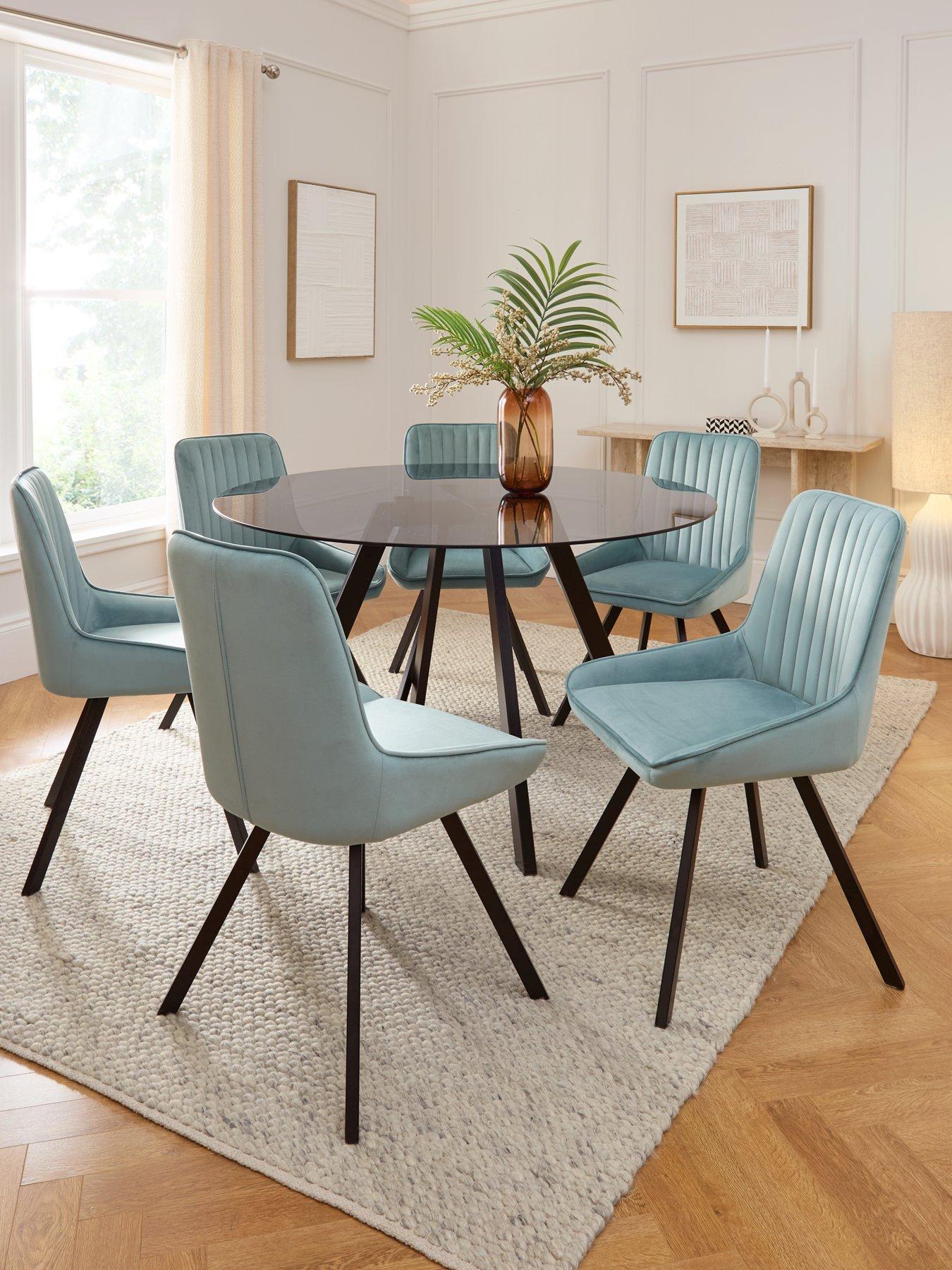 The Very Collection Marlow 130 cm Black Round Dining Table + 6 Marlow Dusty Blue Chairs
