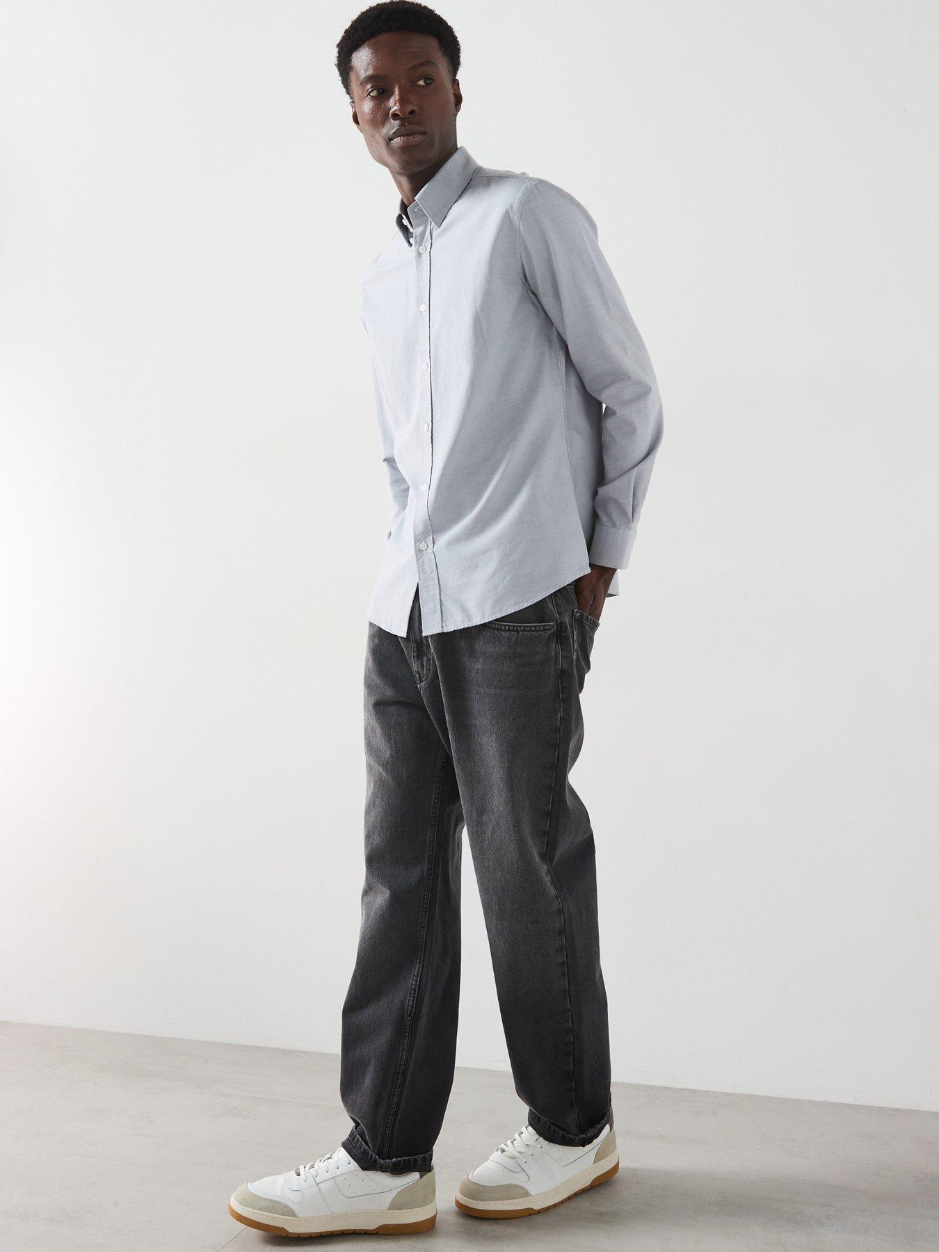  image of mango-oxford-long-sleeved-relaxed-fit-shirt-grey