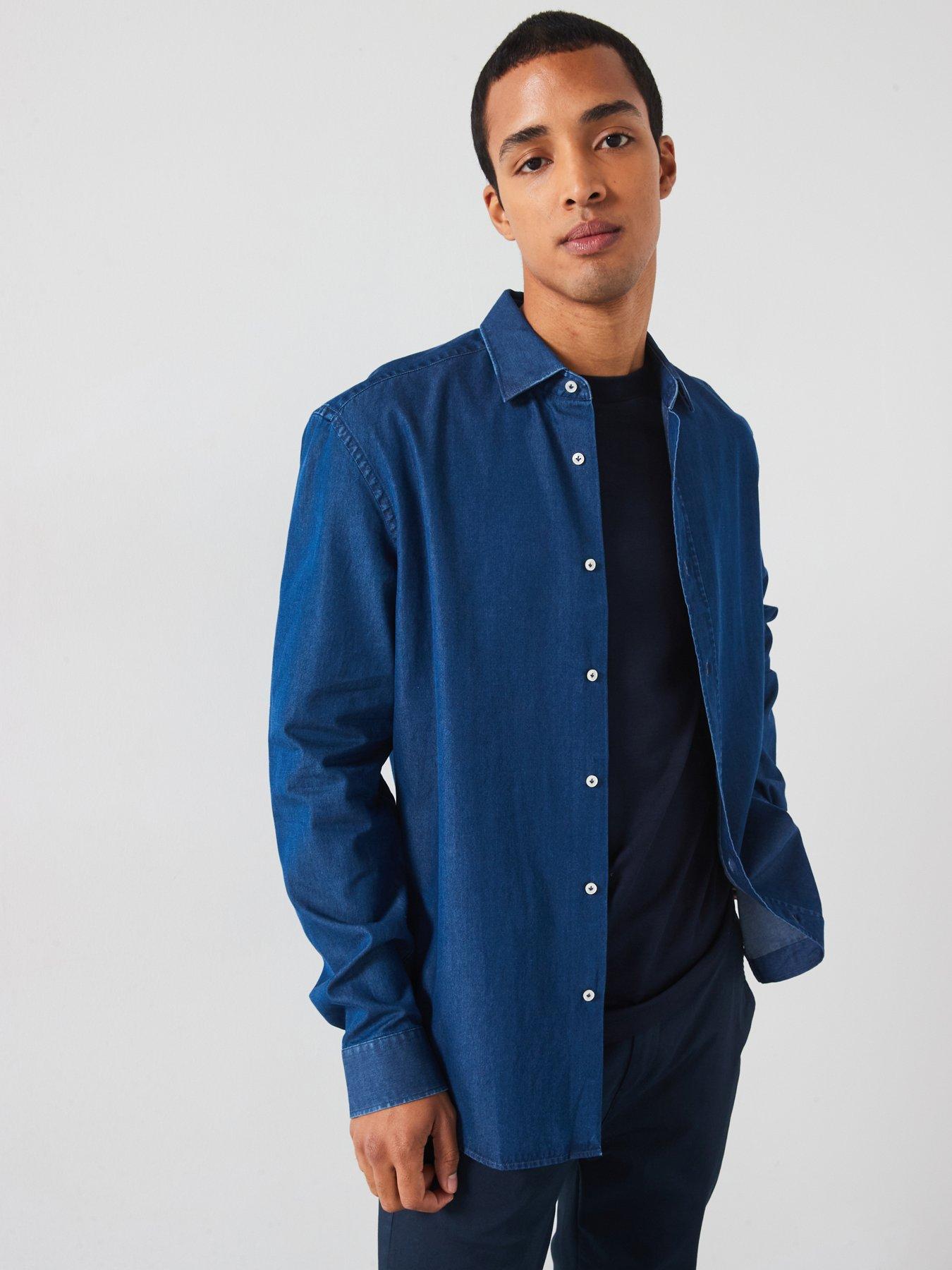  image of mango-chambray-long-sleeved-smart-shirt-blue