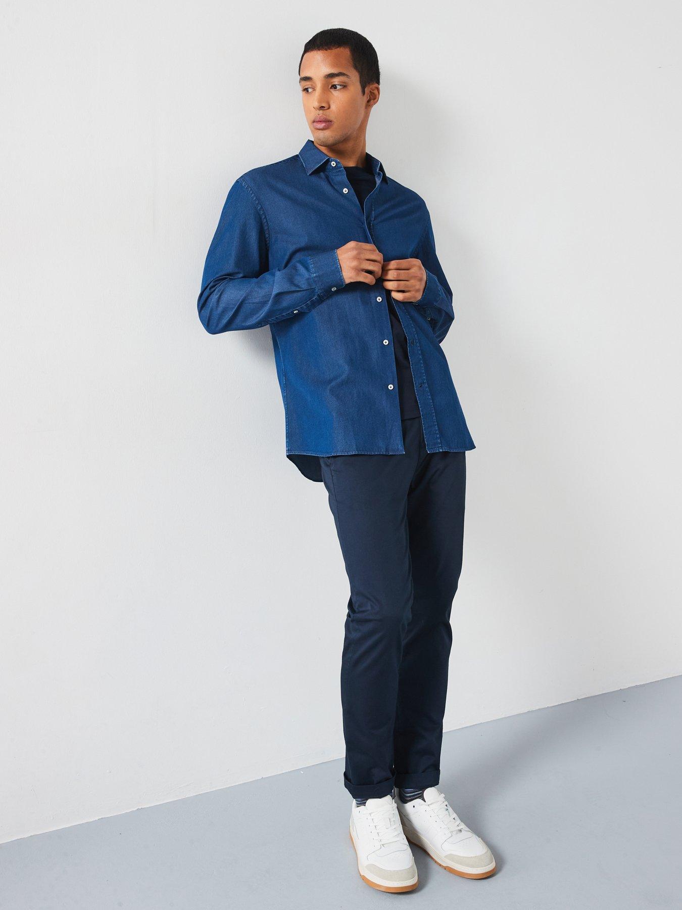  image of mango-chambray-long-sleeved-smart-shirt-blue