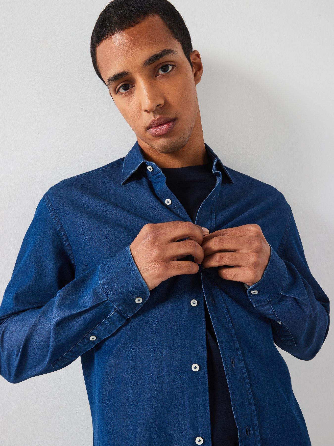 image of mango-chambray-long-sleeved-smart-shirt-blue