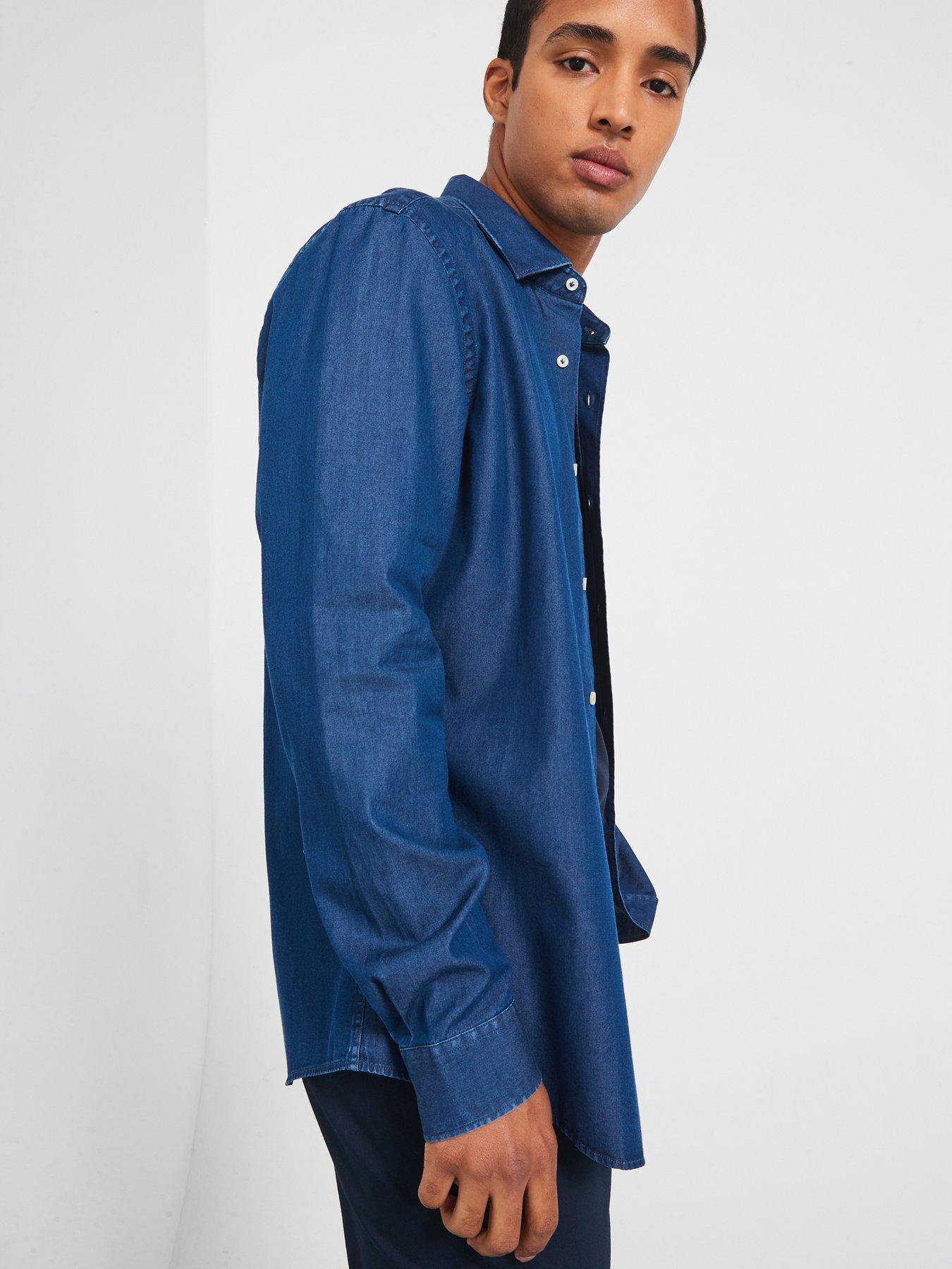  image of mango-chambray-long-sleeved-smart-shirt-blue
