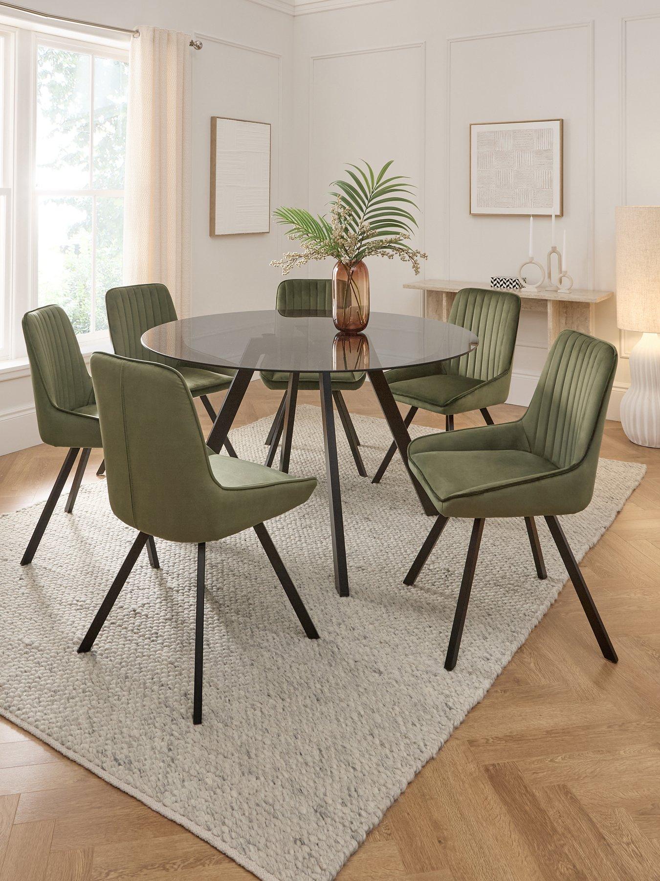 Image 1 of 7 of The Very Collection Marlow 130 cm Black Round Dining Table + 6 Marlow Moss Green&nbsp;Chairs