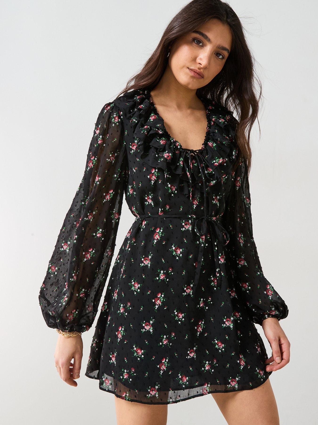  image of v-by-very-floral-printed-dobby-mini-dress-black