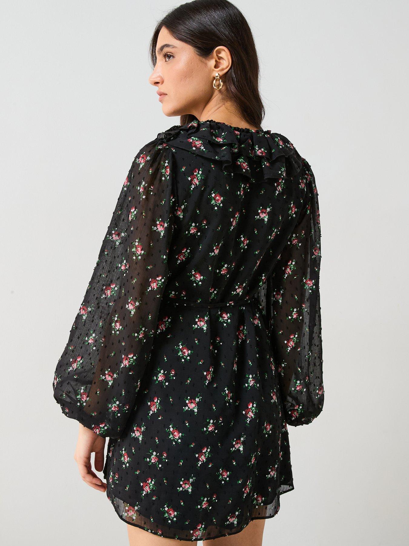  image of v-by-very-floral-printed-dobby-mini-dress-black