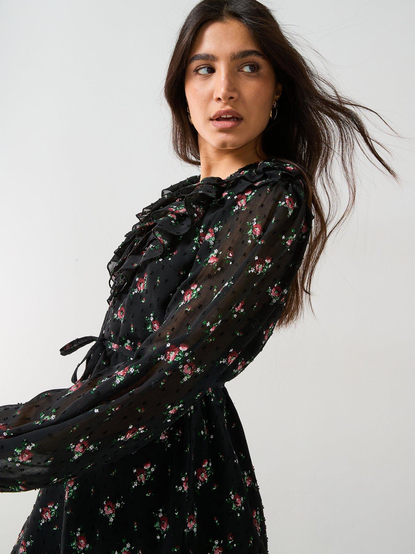  image of v-by-very-floral-printed-dobby-mini-dress-black