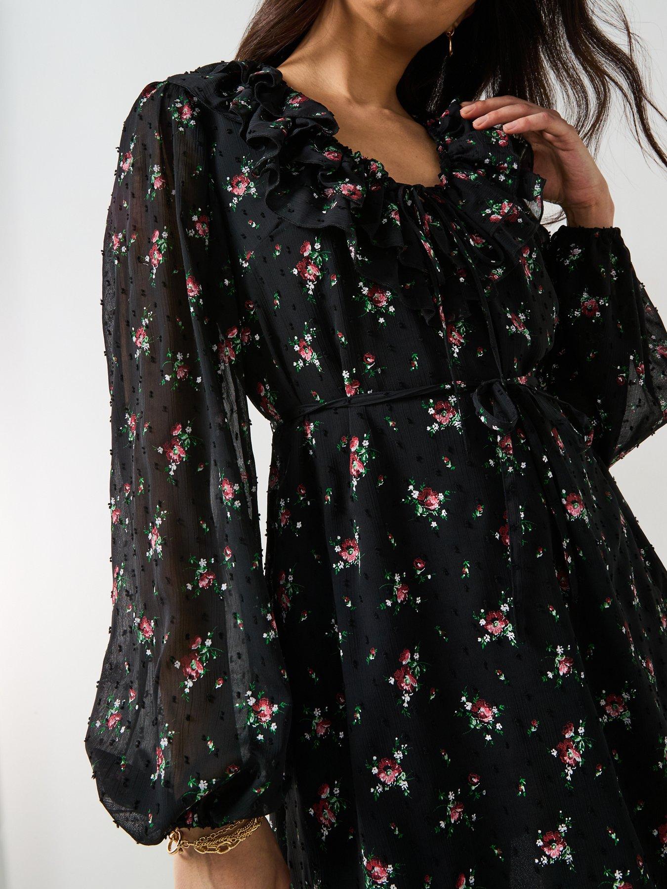  image of v-by-very-floral-printed-dobby-mini-dress-black