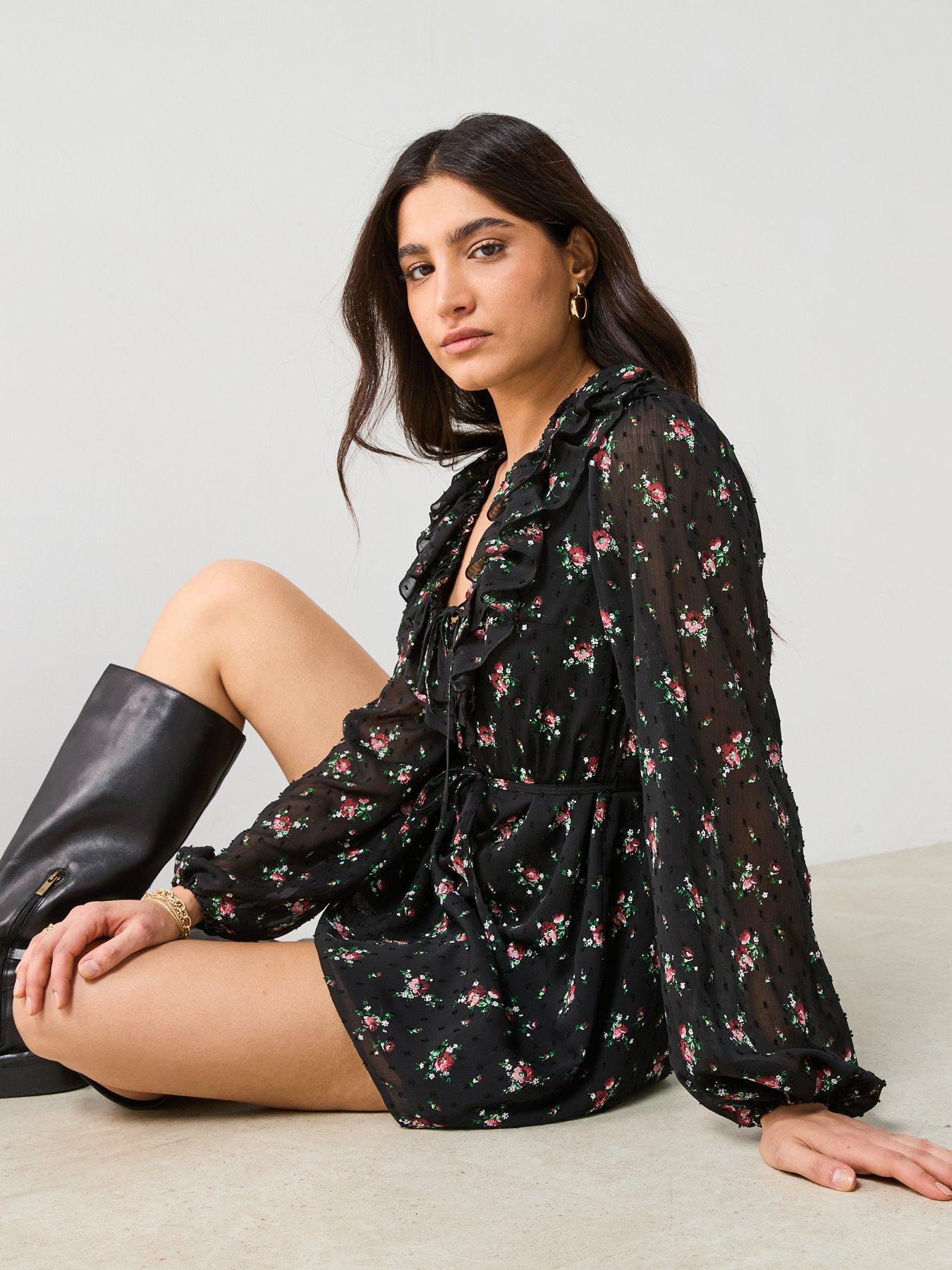  image of v-by-very-floral-printed-dobby-mini-dress-black